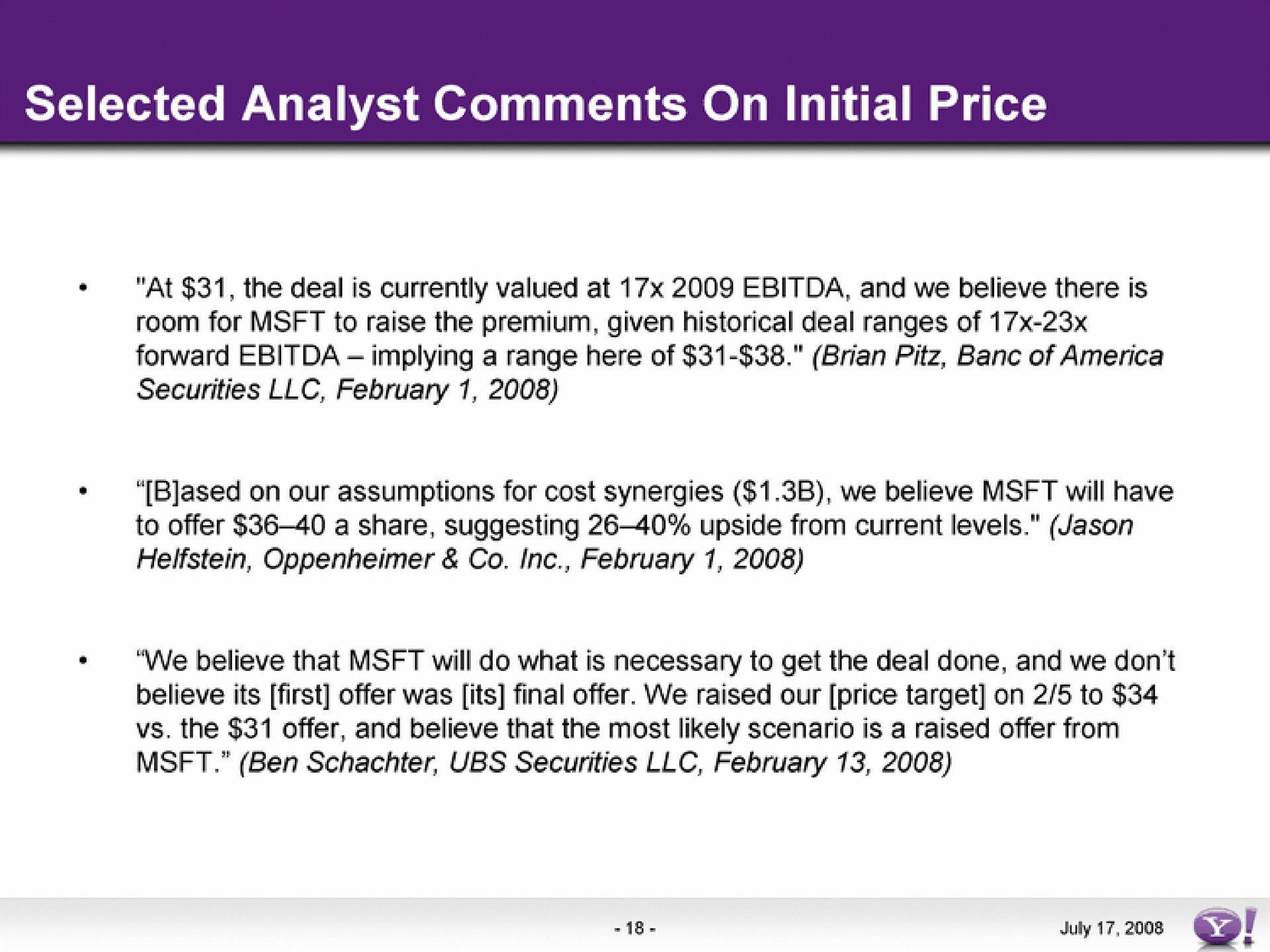selected analyst comments on initial price | Yahoo