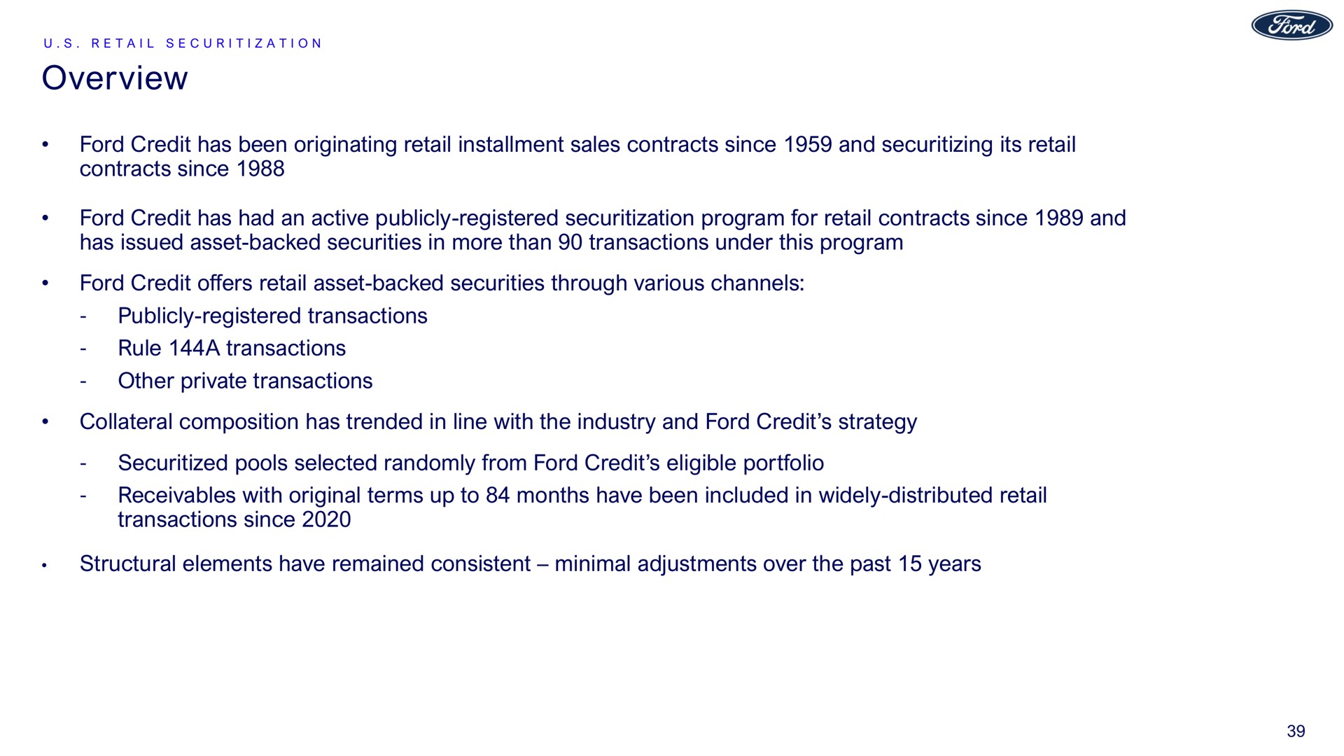 overview ford credit has been originating retail installment sales contracts since and its retail contracts since ford credit has had an active publicly registered program for retail contracts since and has issued asset backed securities in more than transactions under this program ford credit offers retail asset backed securities through various channels publicly registered transactions rule a transactions other private transactions collateral composition has trended in line with the industry and ford credit strategy pools selected randomly from ford credit eligible portfolio receivables with original terms up to months have been included in widely distributed retail transactions since structural elements have remained consistent minimal adjustments over the past years | Ford