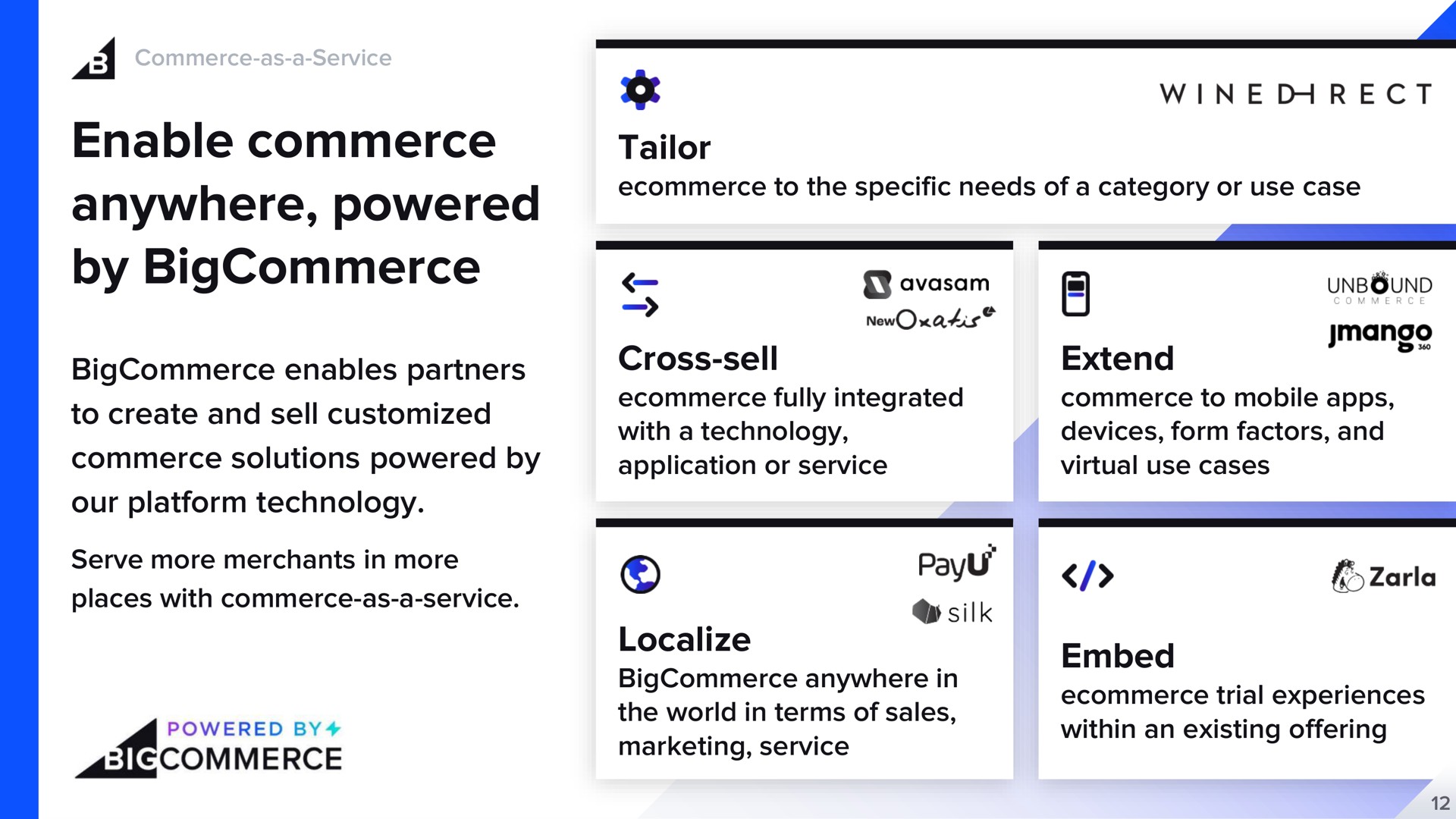 enable commerce anywhere powered by enables partners to create and sell commerce solutions powered by our platform technology tailor cross sell extend localize embed a wine direct | BigCommerce