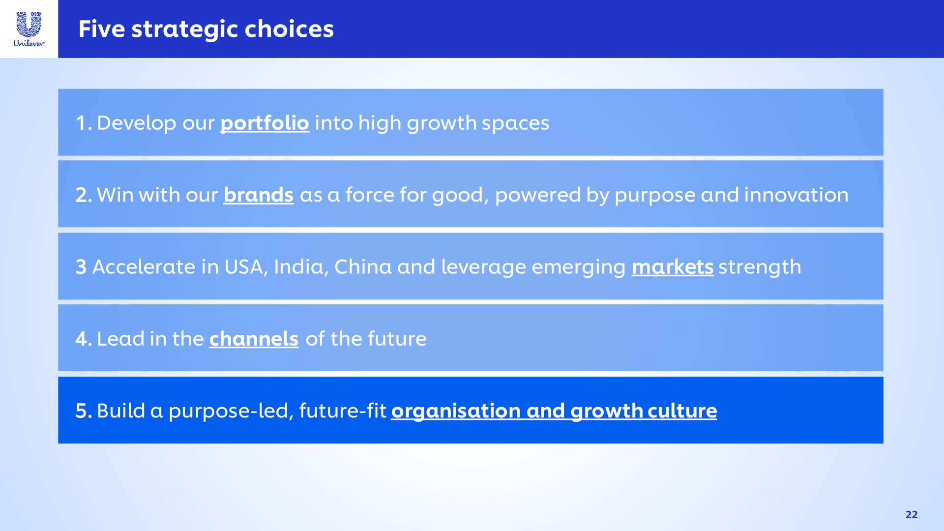 five strategic choices a build a purpose led future fit and growth culture | Unilever
