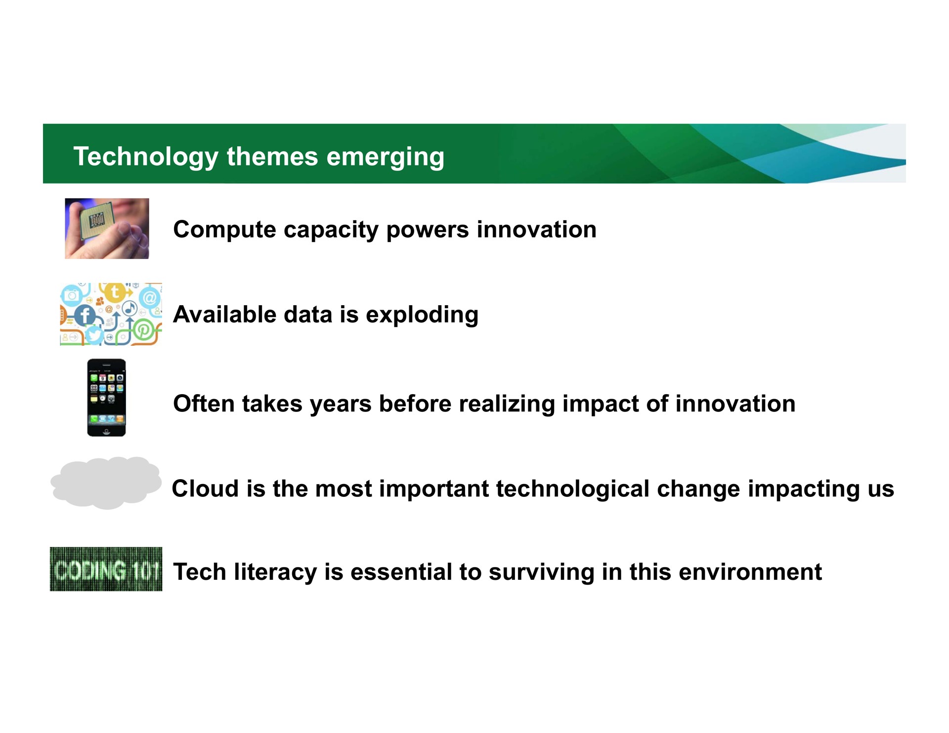 technology themes emerging compute capacity powers innovation available data is exploding often takes years before realizing impact of innovation cloud is the most important technological change impacting us tech literacy is essential to surviving in this environment i | BlackRock