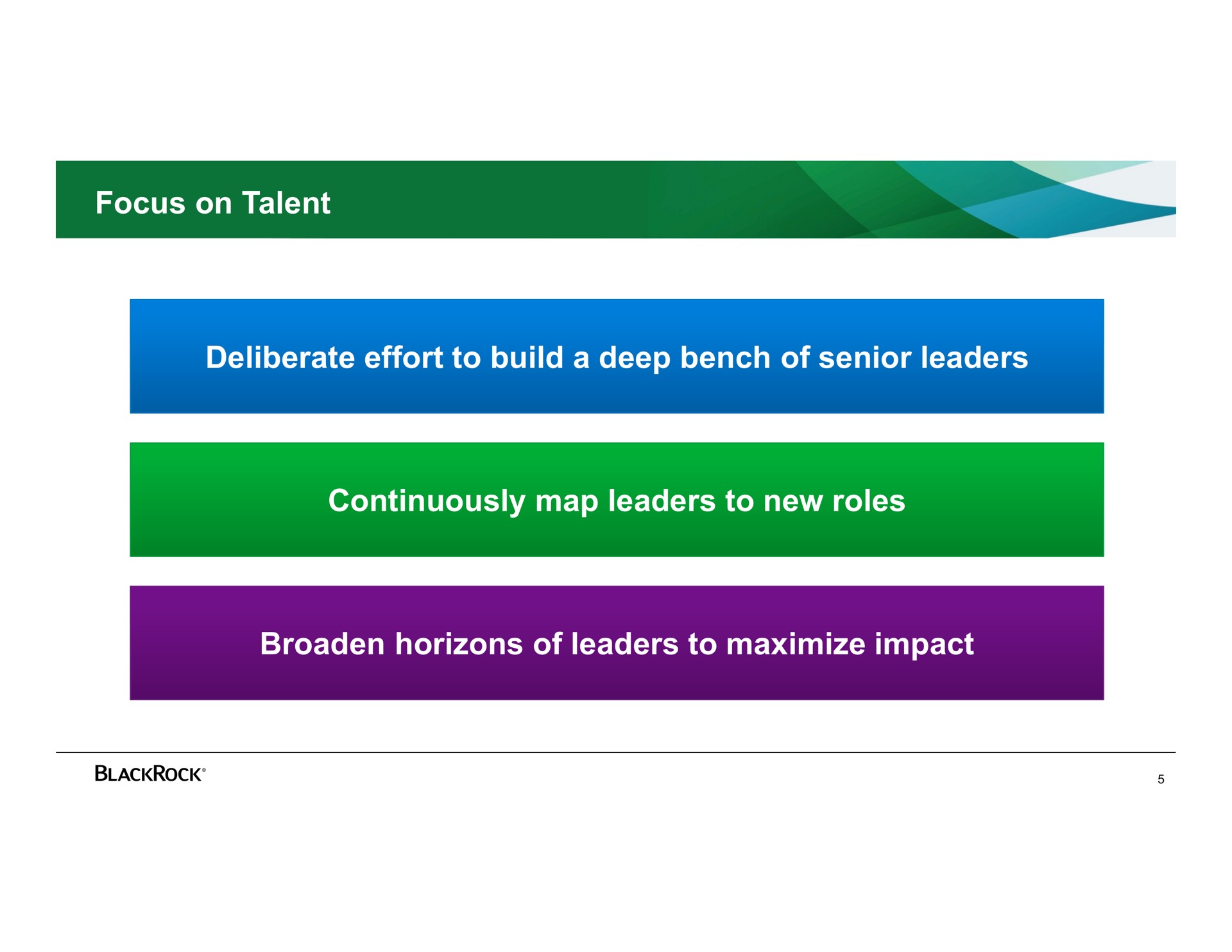 focus on talent deliberate effort to build a deep bench of senior leaders continuously map leaders to new roles broaden horizons of leaders to maximize impact | BlackRock