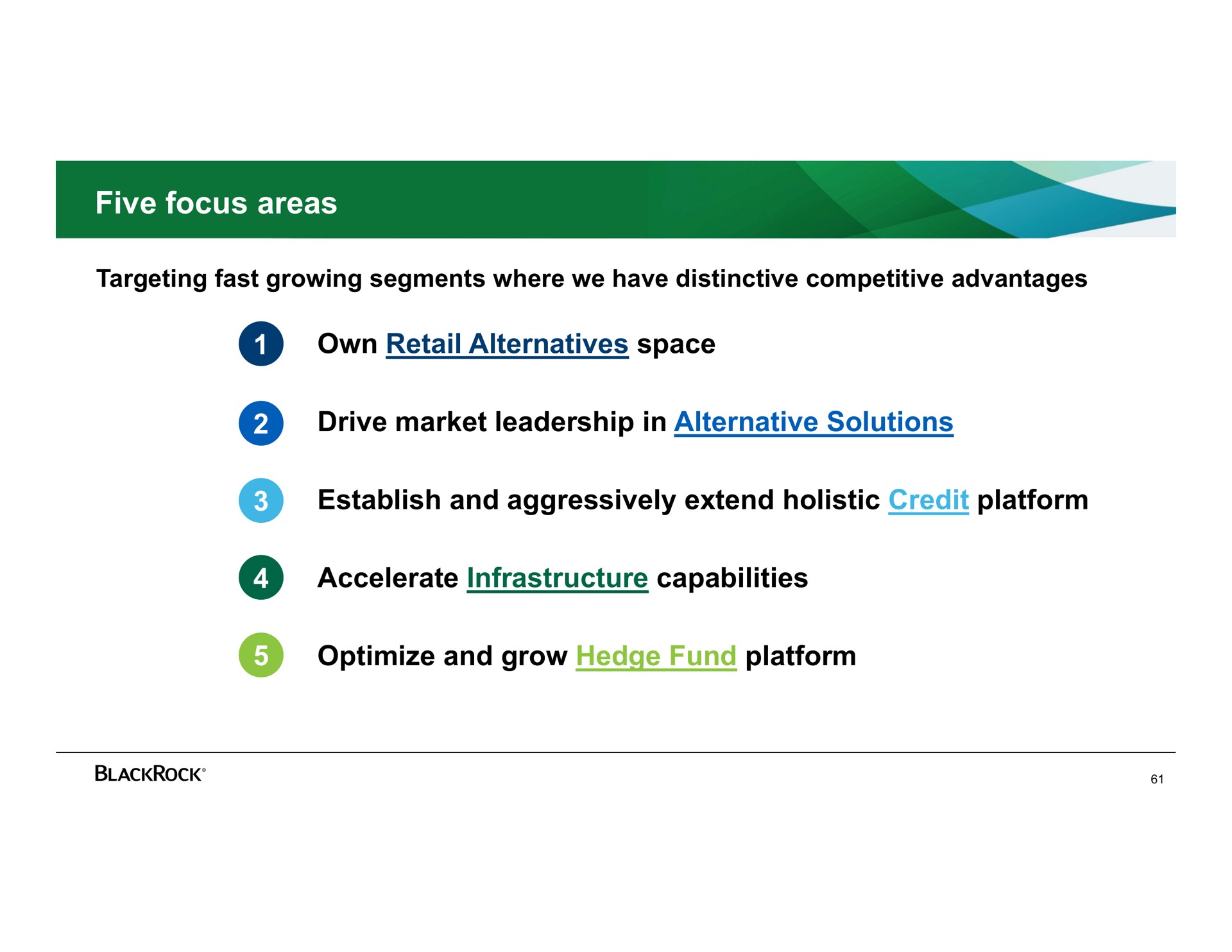 five focus areas own retail alternatives space drive market leadership in alternative solutions establish and aggressively extend holistic credit platform accelerate infrastructure capabilities optimize and grow hedge fund platform | BlackRock