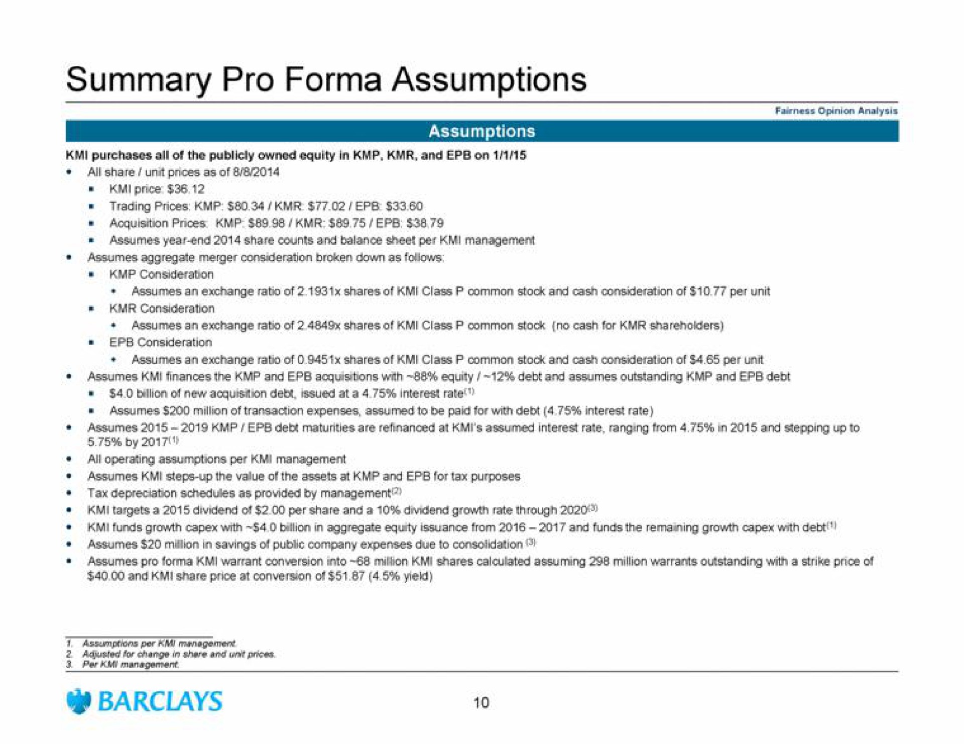 summary pro assumptions | Barclays