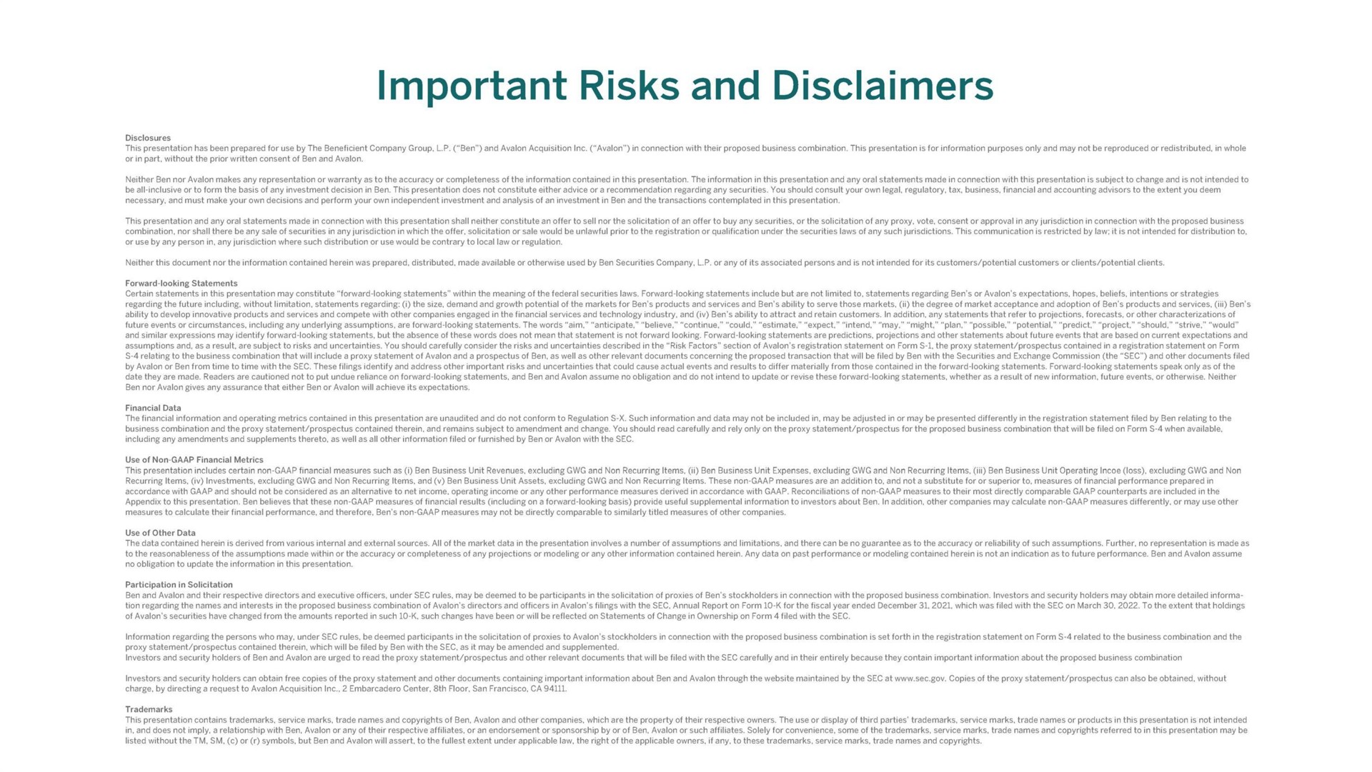 important risks and disclaimers | Beneficient
