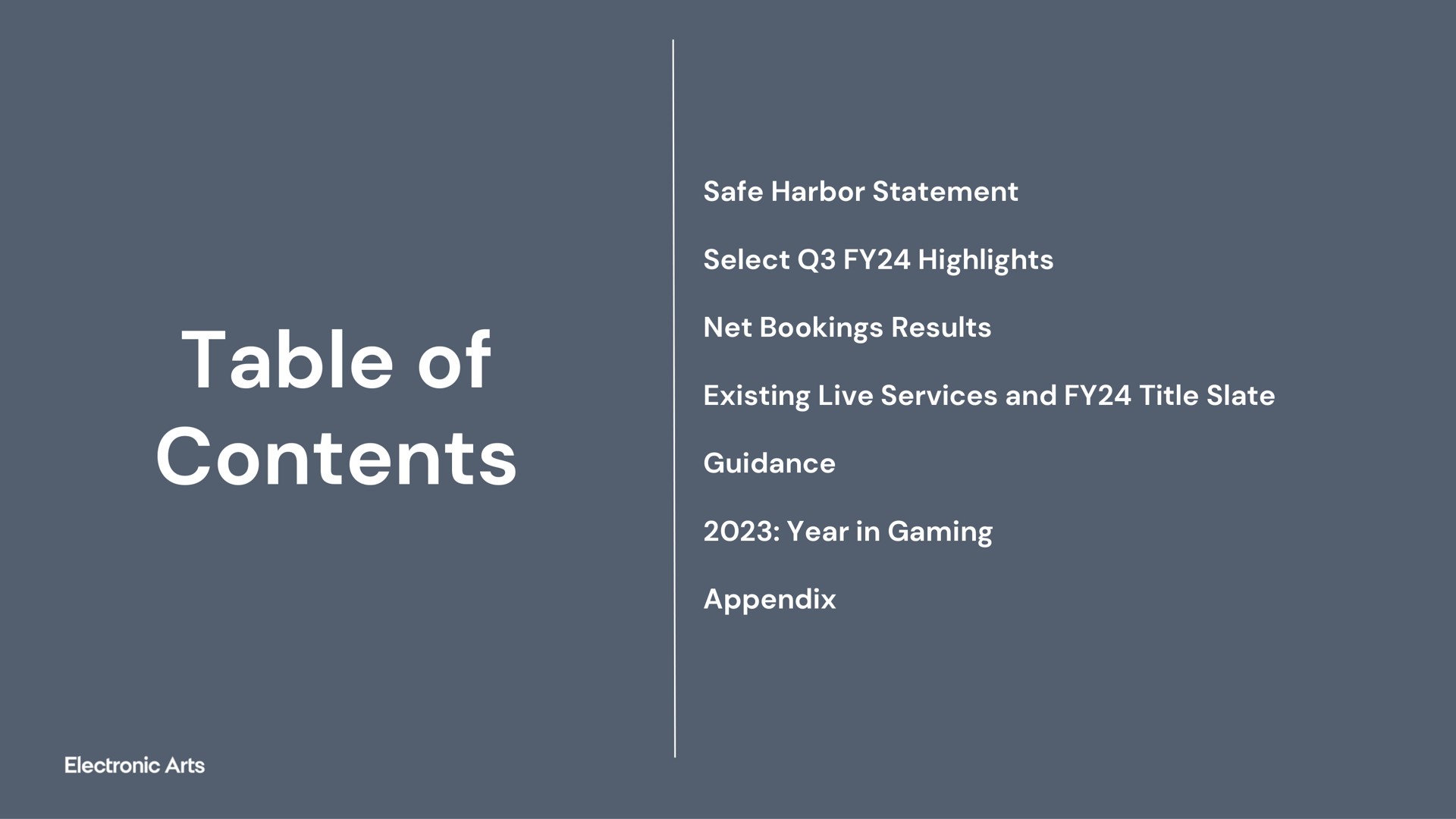 table of contents safe harbor statement select highlights net bookings results existing live services and title slate guidance year in gaming appendix | Electronic Arts