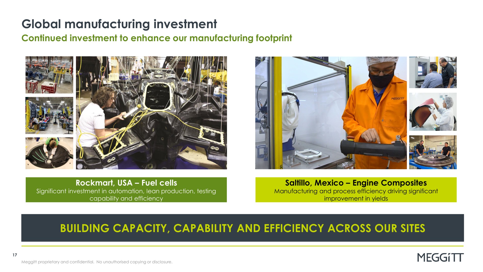 global manufacturing investment continued investment to enhance our manufacturing footprint building capacity capability and efficiency across our sites improvement in yields | Meggitt