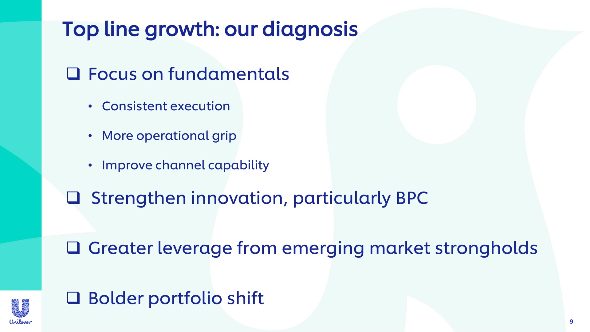 top line growth our diagnosis focus on fundamentals strengthen innovation particularly greater leverage from emerging market strongholds portfolio shift | Unilever