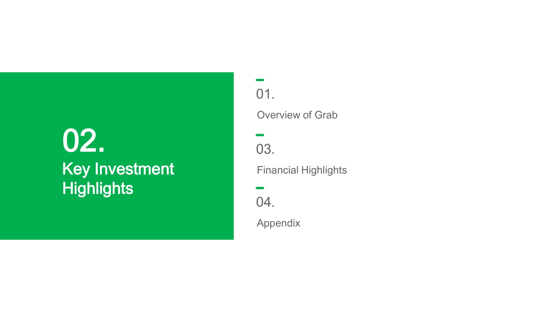 key investment highlights overview of grab financial highlights appendix on net | Grab
