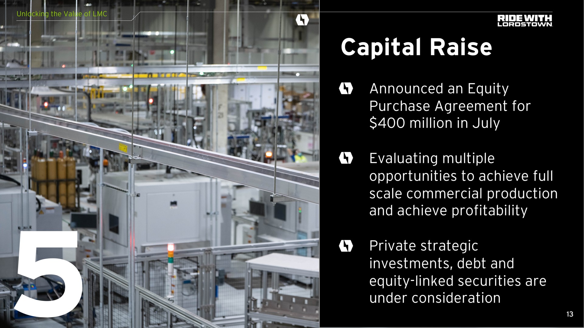 capital raise announced an equity purchase agreement for million in evaluating multiple opportunities to achieve full scale commercial production and achieve profitability private strategic investments debt and equity linked securities are under consideration | Lordstown Motors