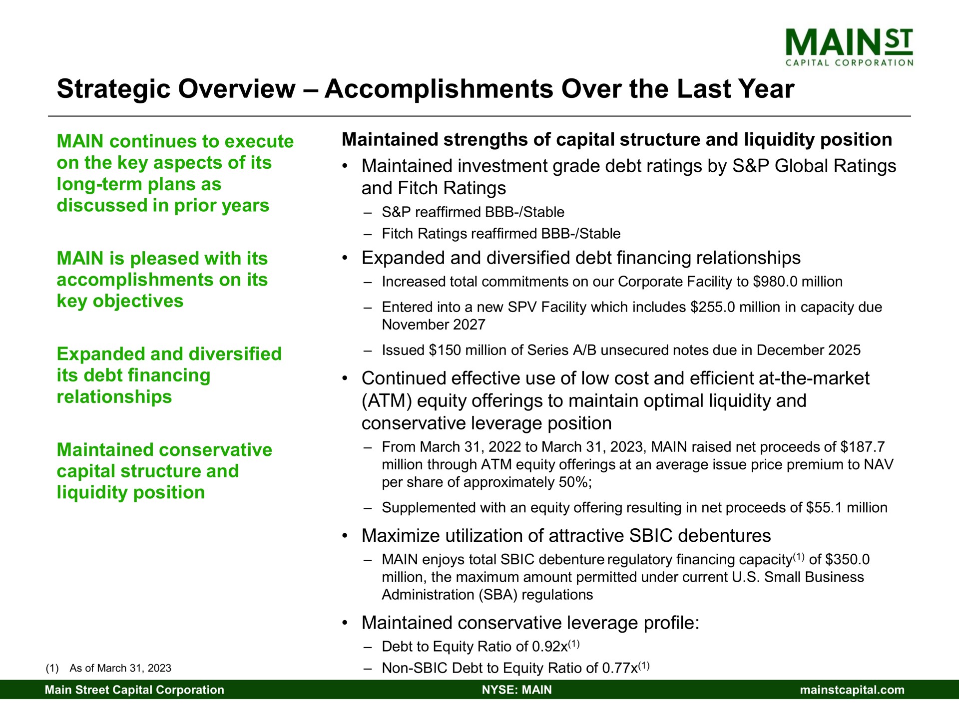 strategic overview accomplishments over the last year | Main Street Capital
