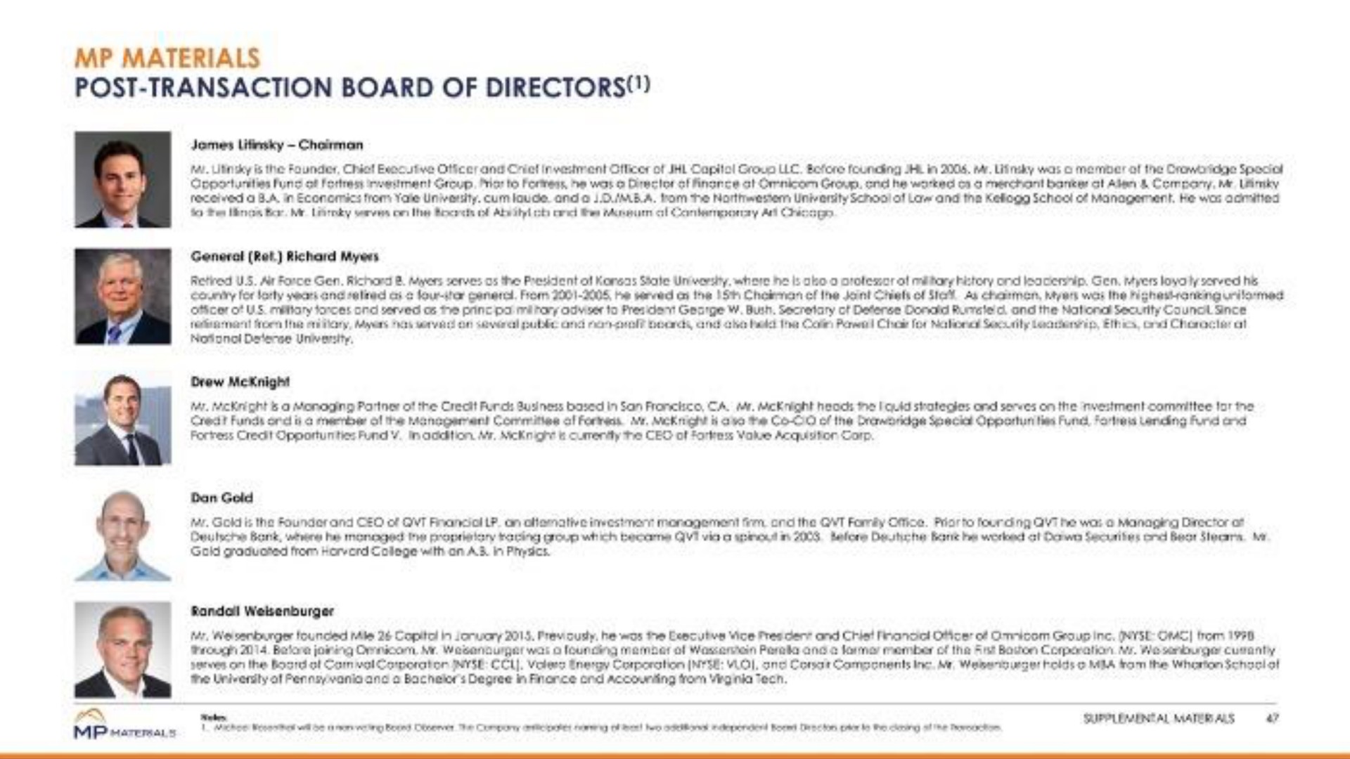 materials post transaction board of directors | MP Materials
