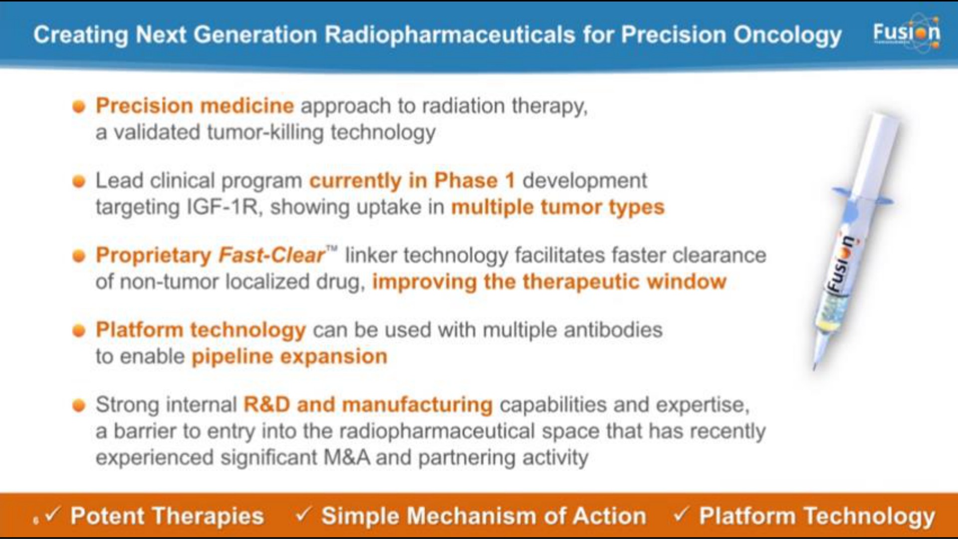 creating next generation for precision oncology potent therapies simple mechanism of action platform technology | Fusion Pharmaceuticals