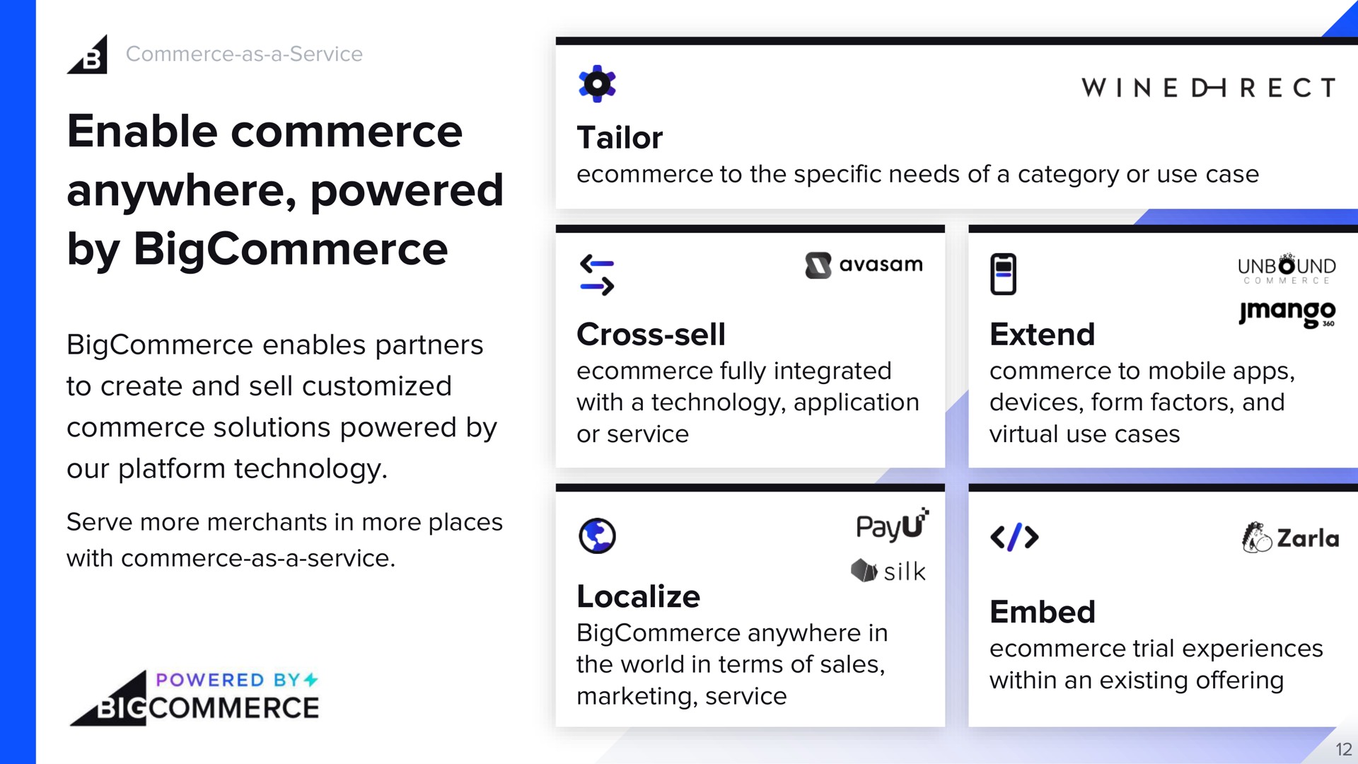 enable commerce anywhere powered by enables partners to create and sell commerce solutions powered by our platform technology tailor cross sell extend localize embed a wine direct i | BigCommerce
