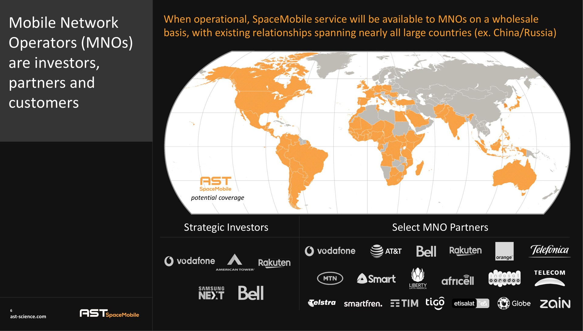 when operational service will be available to on a wholesale basis with existing relationships spanning nearly all large countries china russia strategic investors select partners mobile network operators are investors partners and customers net bell bel woe smart may globe zain | AST SpaceMobile