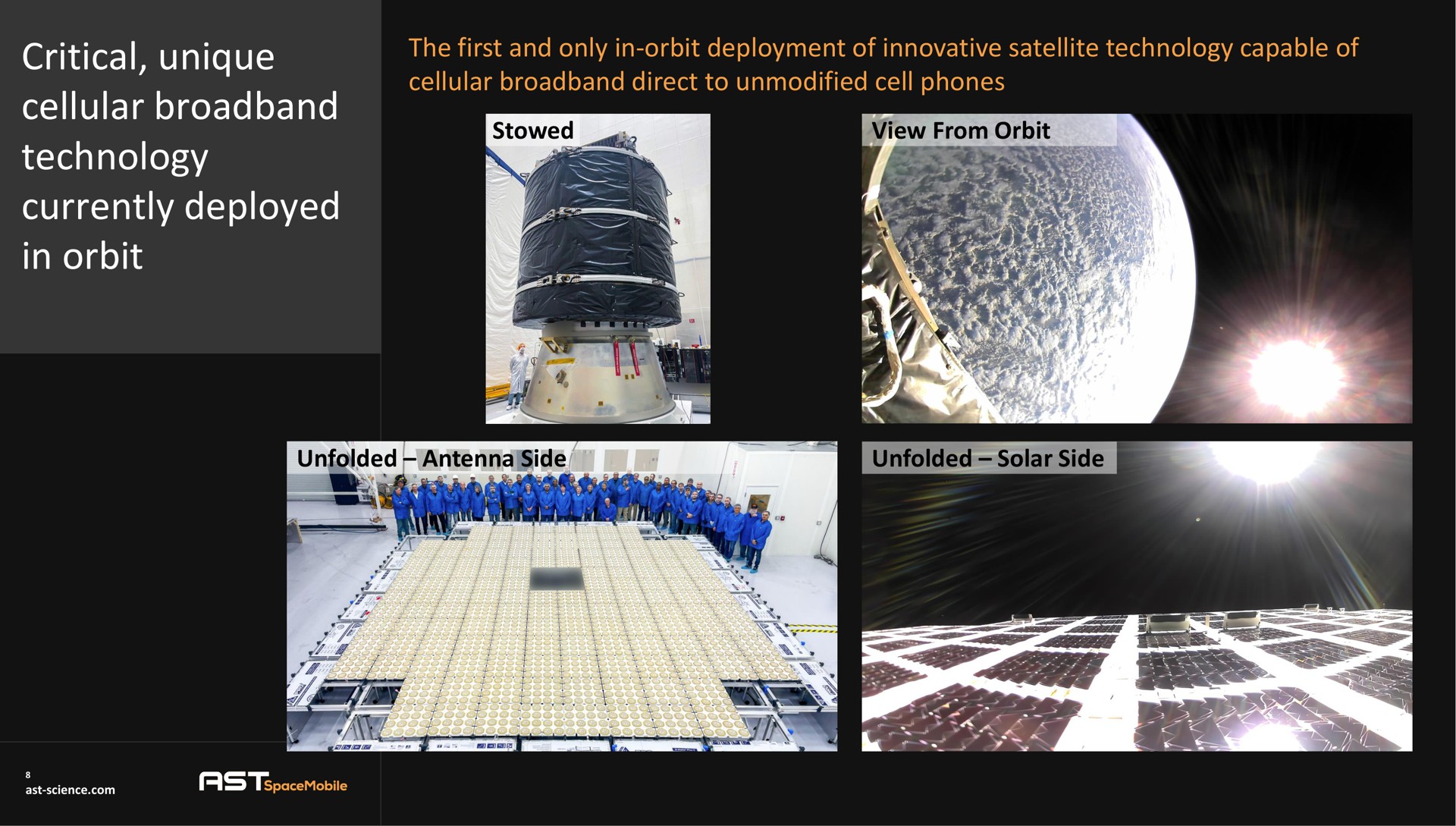 the first and only in orbit deployment of innovative satellite technology capable of cellular direct to unmodified cell phones critical unique cellular technology currently deployed in orbit | AST SpaceMobile