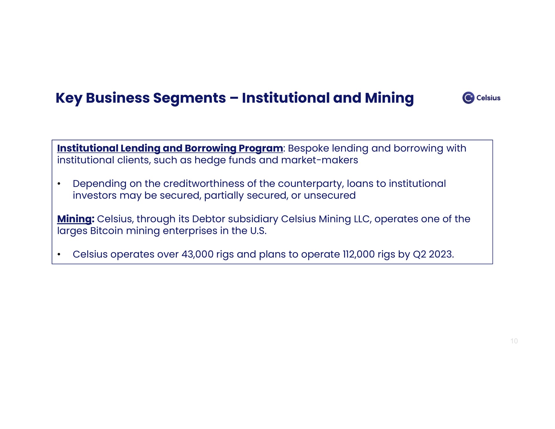 key business segments institutional and mining | Celsius Holdings