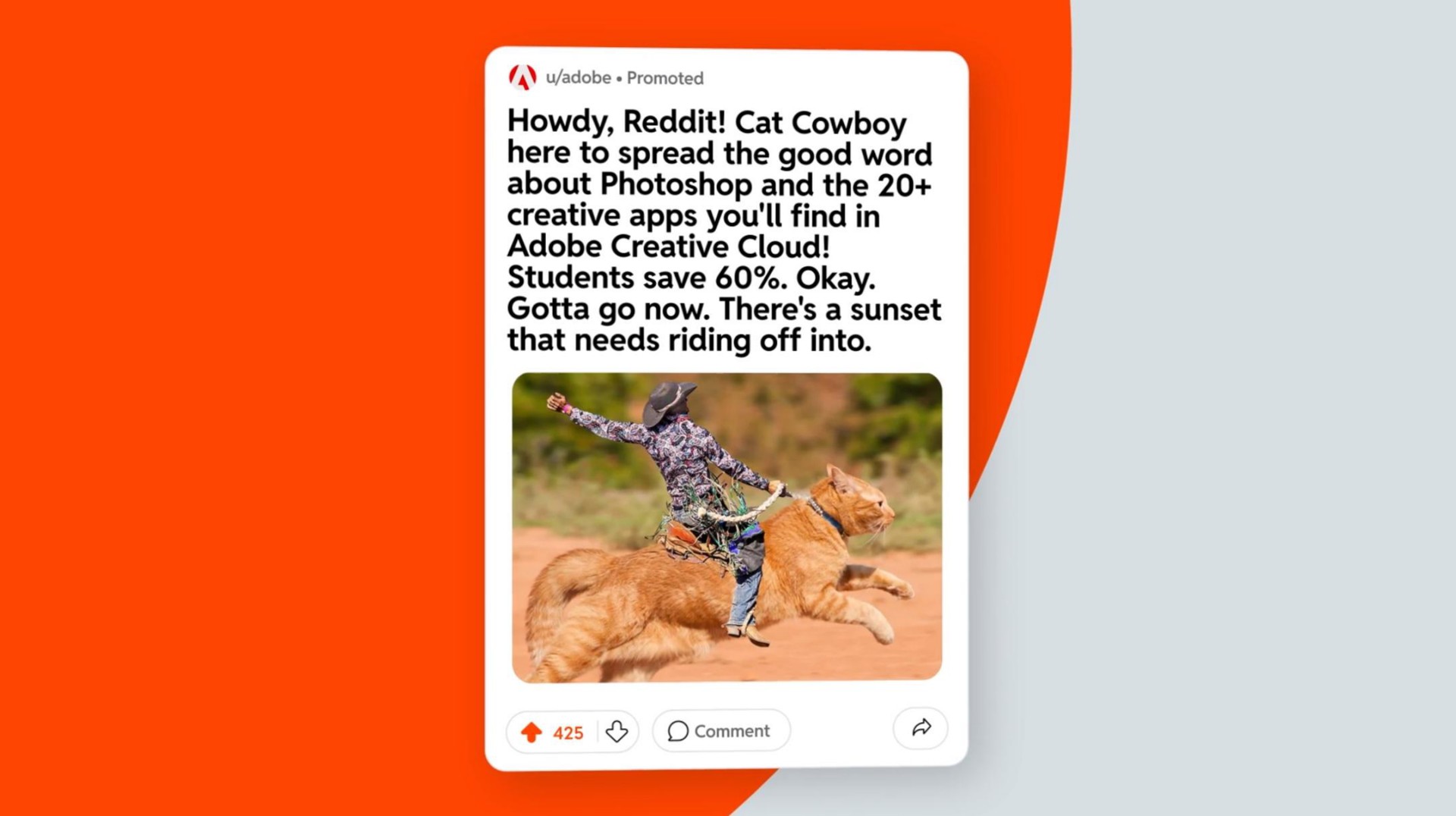 howdy cat cowboy here to spread the good word about and the creative you find in adobe creative cloud students save go now there a sunset that needs riding off into | Reddit
