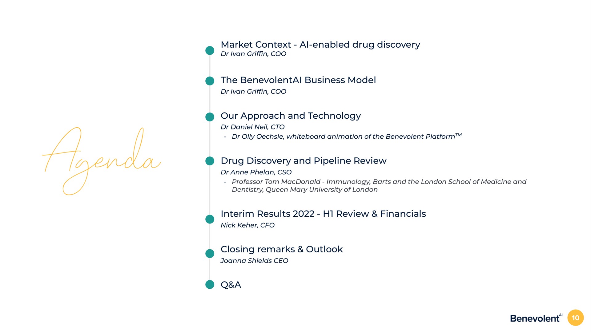 market context enabled drug discovery the business model our approach and technology drug discovery and pipeline review interim results review closing remarks outlook a | BenevolentAI