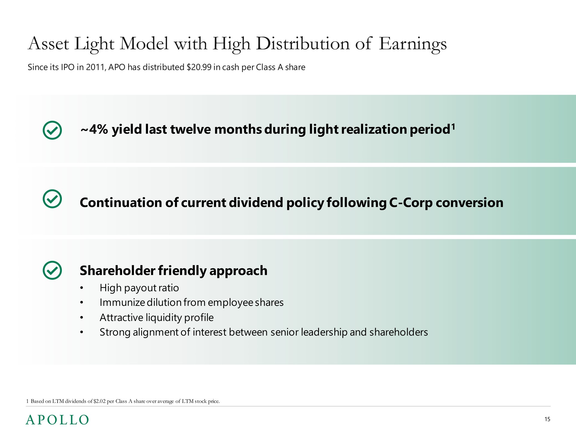 asset light model with high distribution of earnings yield last twelve months during light realization period continuation of current dividend policy following corp conversion shareholder friendly approach period ratio immunize dilution from employee shares attractive liquidity profile strong alignment interest between senior leadership and shareholders | Apollo Global Management