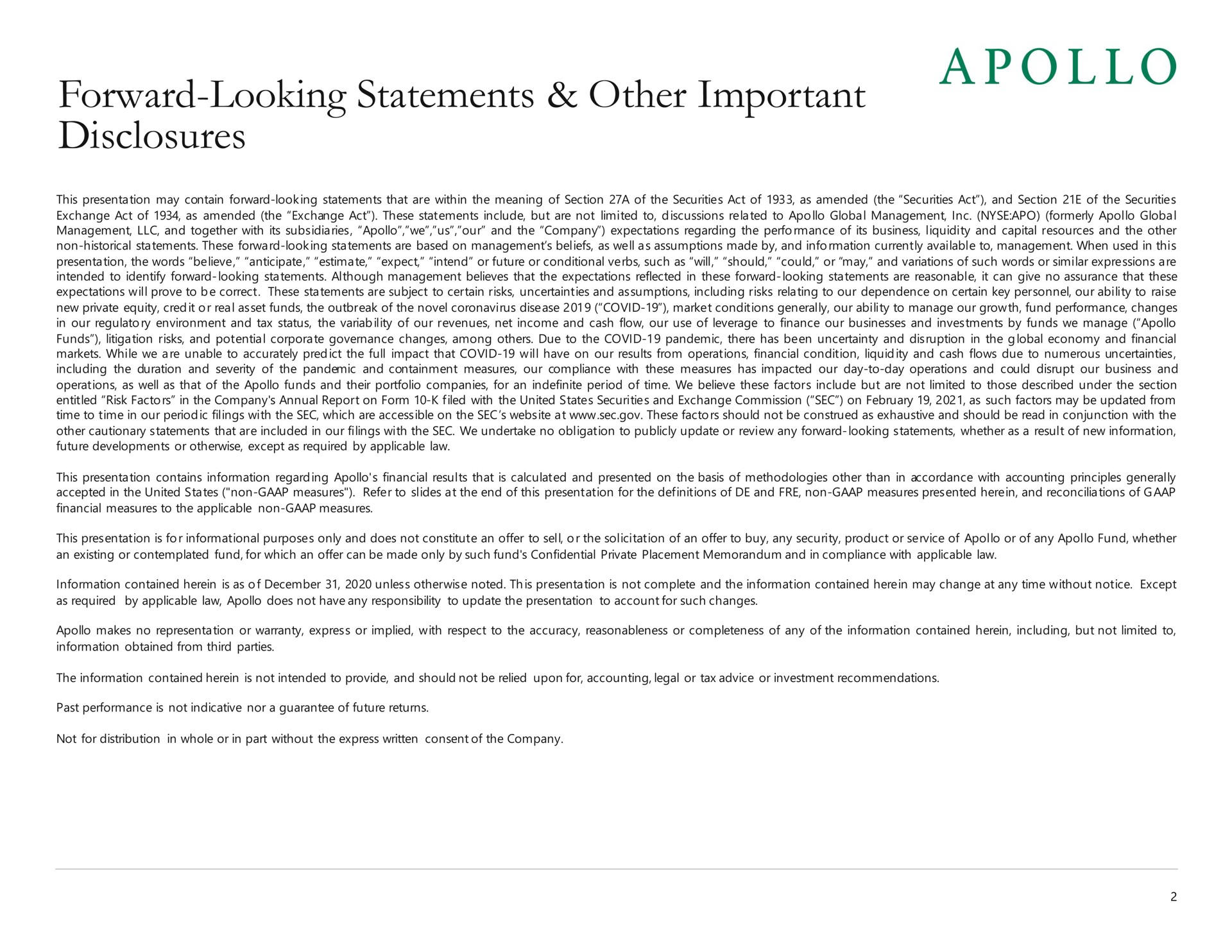 forward looking statements other important disclosures | Apollo Global Management