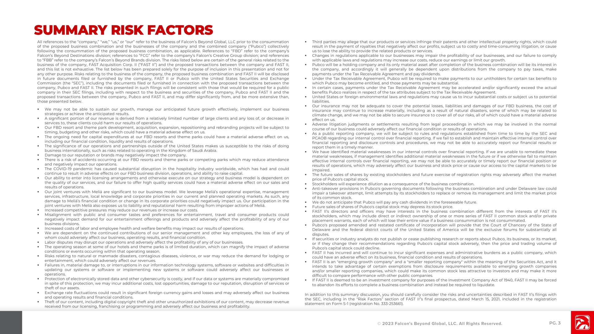 summary risk factors | Falcon's Beyond