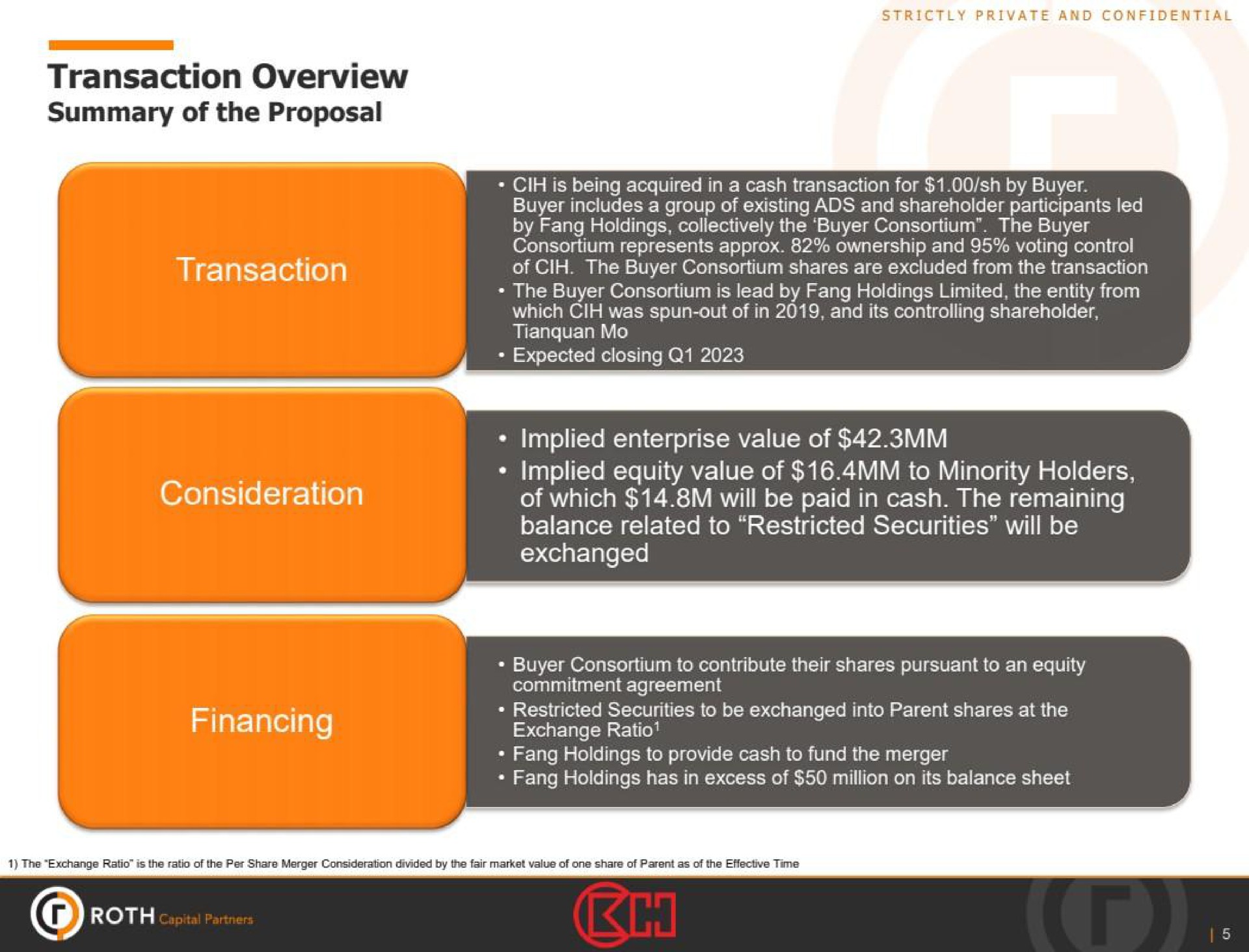 transaction overview summary of the proposal consideration implied enterprise value of implied equity value of to minority holders of which will be paid in cash the remaining balance related to restricted securities will be exchanged ere financing eyes | ROTH Capital Partners