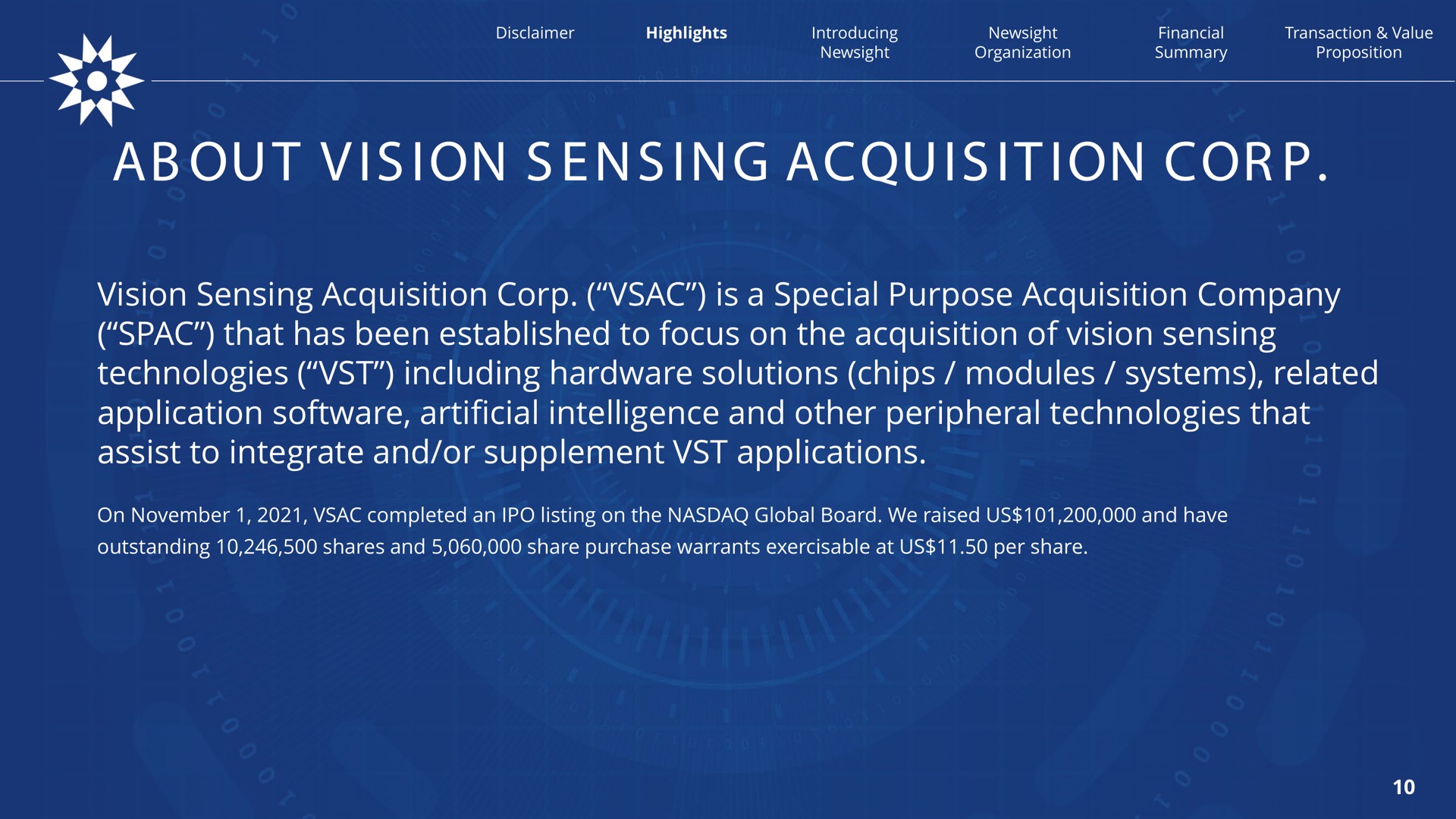 out is ion ing it ion cor vision sensing acquisition corp is a special purpose acquisition company that has been established to focus on the acquisition of vision sensing technologies including hardware solutions chips modules systems related application artificial intelligence and other peripheral technologies that assist to integrate and or supplement applications on completed an listing on the global board we raised us and have outstanding shares and share purchase warrants exercisable at us per share about | Newsight Imaging