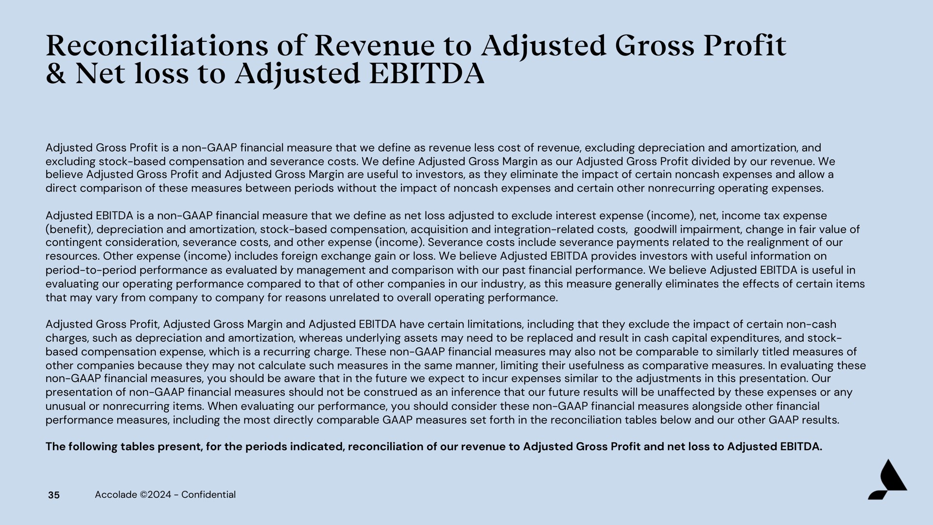 reconciliations of revenue to adjusted gross profit net loss to adjusted | Accolade