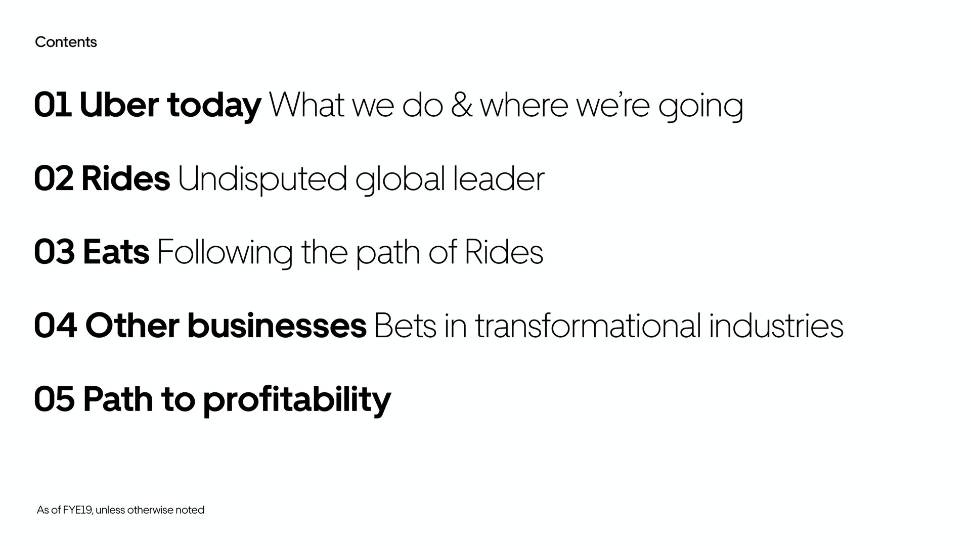 today what we do where we going rides undisputed global leader eats following the path of rides other businesses bets in industries path to profitability were | Uber