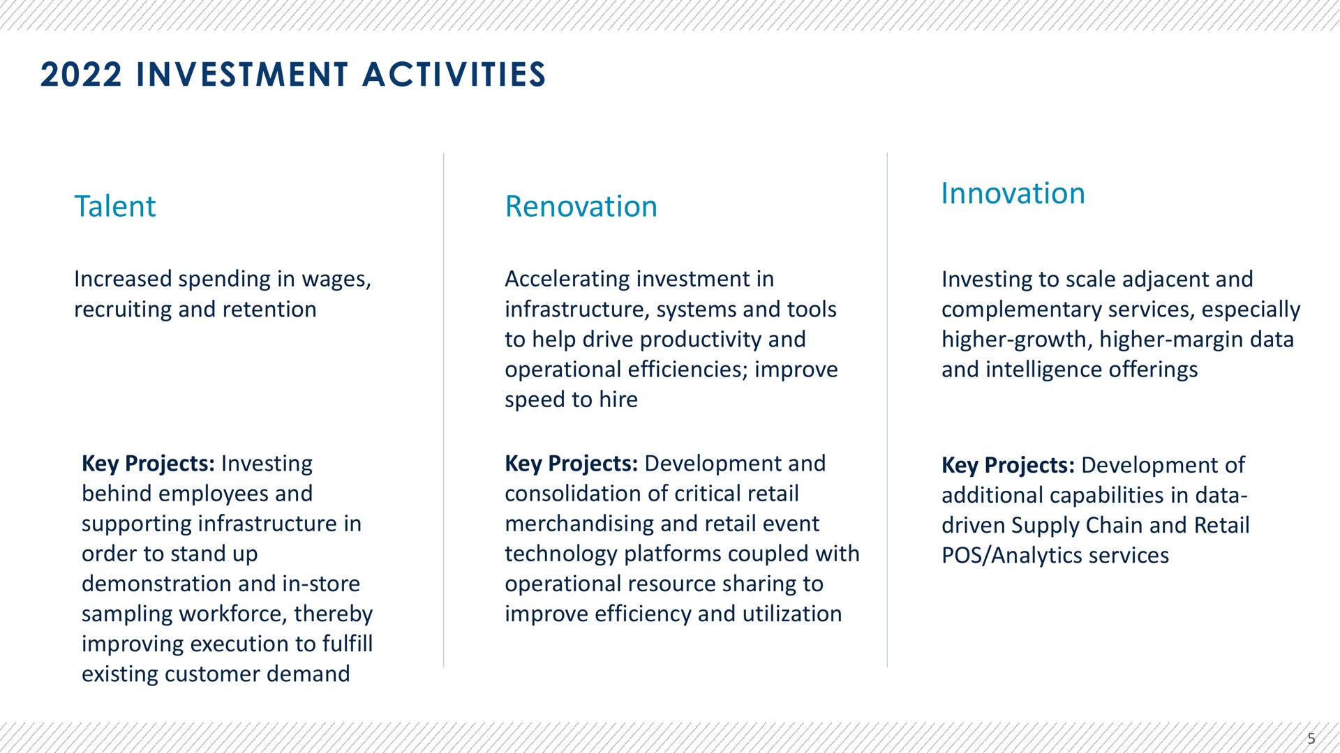 investment activities talent renovation innovation increased spending in wages recruiting and retention key projects investing behind employees and supporting infrastructure in order to stand up demonstration and in store sampling thereby improving execution to fulfill existing customer demand accelerating investment in infrastructure systems and tools to help drive productivity and operational efficiencies improve speed to hire key projects development and consolidation of critical retail merchandising and retail event technology platforms coupled with operational resource sharing to improve efficiency and utilization investing to scale adjacent and complementary services especially higher growth higher margin data and intelligence offerings key projects development of additional capabilities in data driven supply chain and retail pos analytics services | Advantage Solutions
