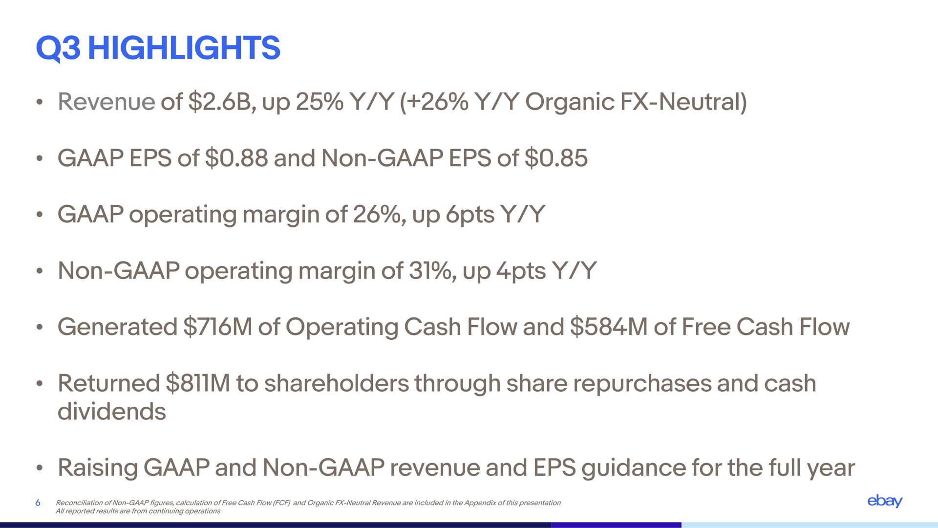 highlights revenue of up organic neutral of and non of operating margin of up non operating margin of up generated of operating cash flow and of free cash flow returned to shareholders through share repurchases and cash dividends raising and non revenue and guidance for the full year | eBay