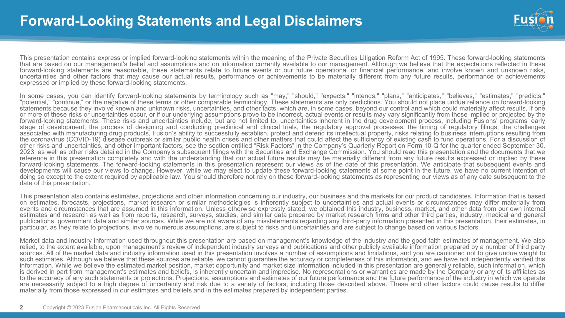 forward looking statements and legal disclaimers | Fusion Pharmaceuticals