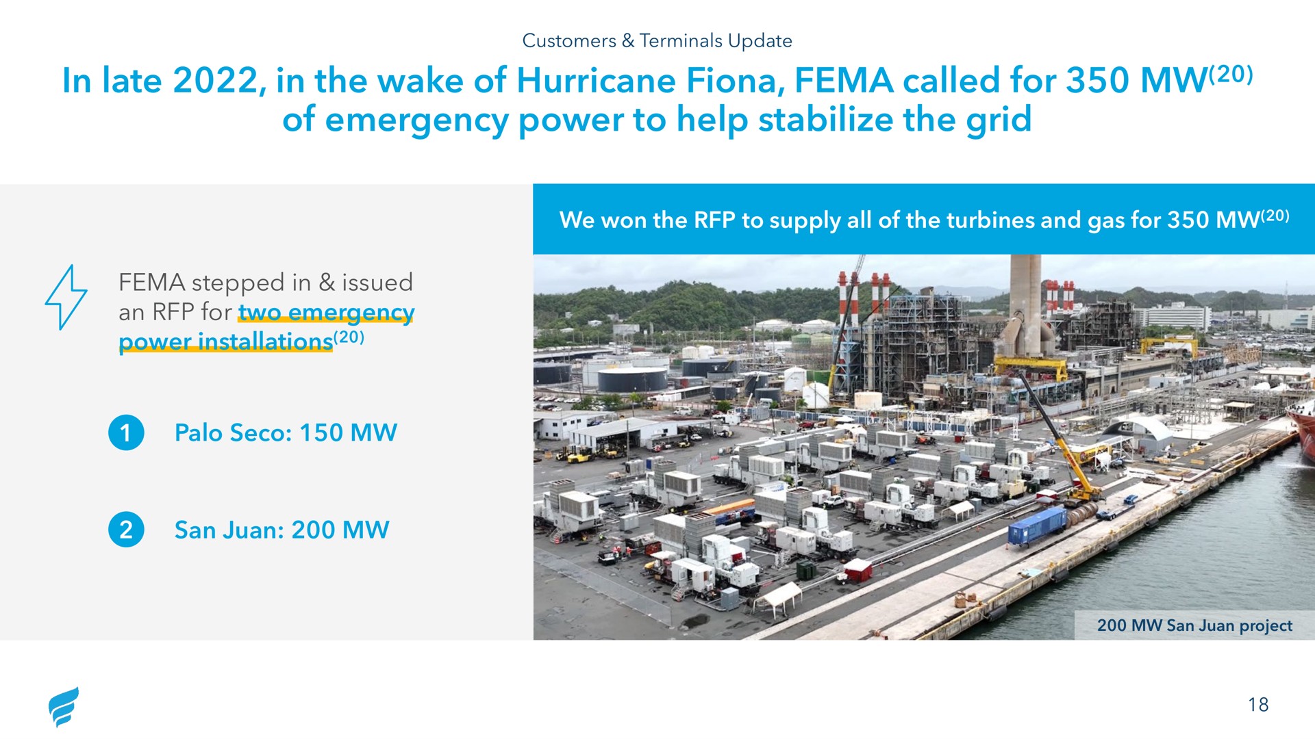 in late in the wake of hurricane called for of emergency power to help stabilize the grid we won the to supply all of the turbines and gas for stepped in issued an for two emergency power installations san | NewFortress Energy