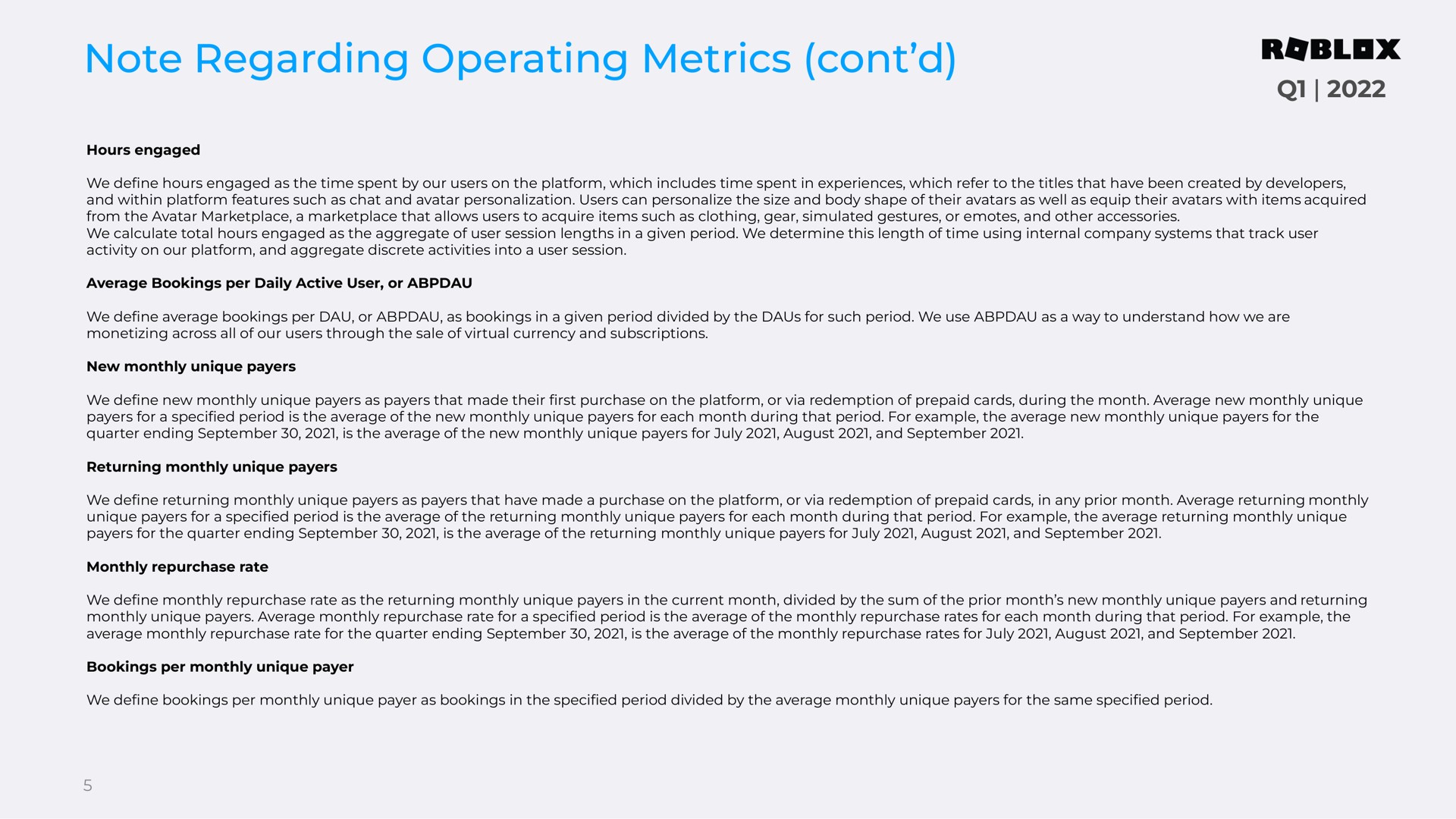 note regarding operating metrics anise | Roblox