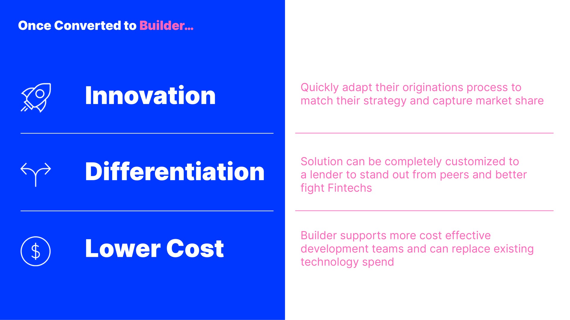 once converted to builder innovation quickly adapt their originations process to match their strategy and capture market share differentiation solution can be completely to a lender to stand out from peers and better fight lower cost builder supports more cost effective development teams and can replace existing technology spend ame | Blend