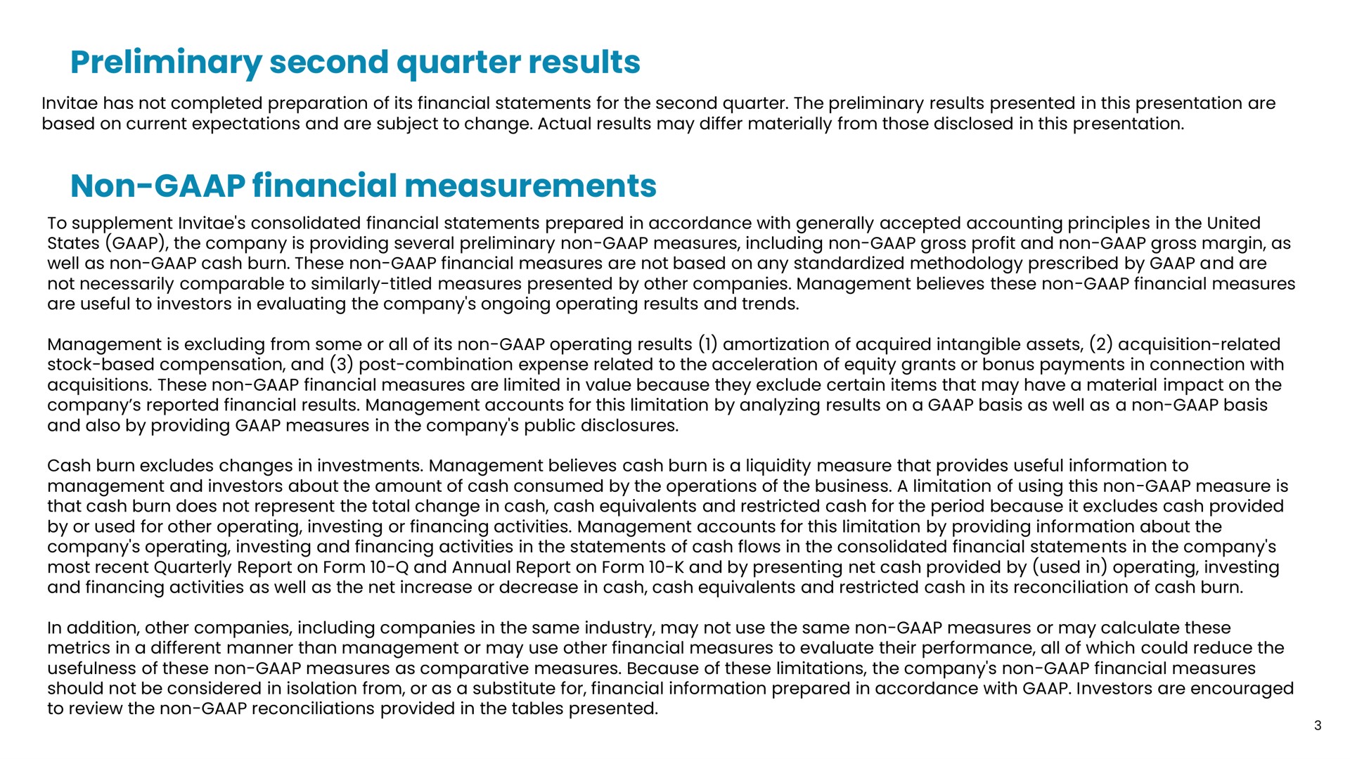 preliminary second quarter results non financial measurements | Invitae