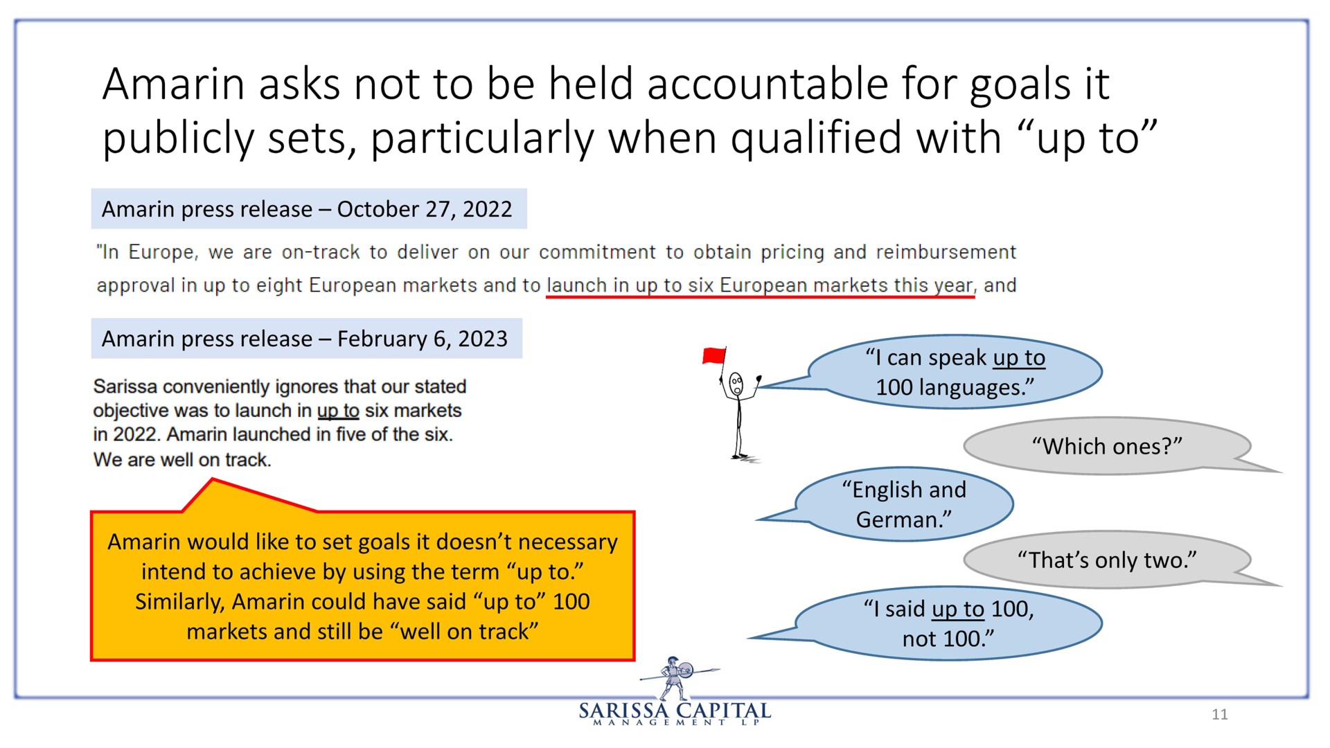 amarin asks not to be held accountable for goals it publicly sets particularly when qualified with up to | Sarissa Capital