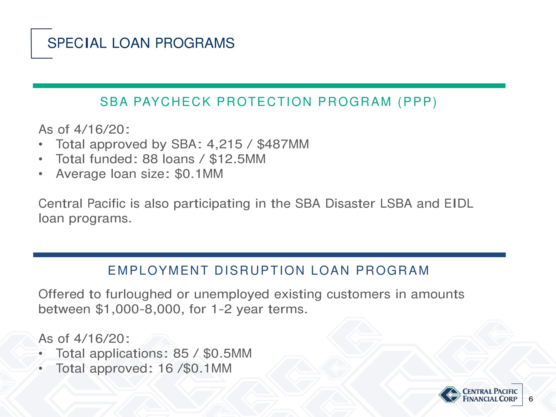special loan programs a pay i a as of total approved by total funded loans average loan size central pacific is also participating in the disaster and loan programs i i a a offered to furloughed or unemployed existing customers in amounts between for year terms as of total applications total approved | Central Pacific Financial