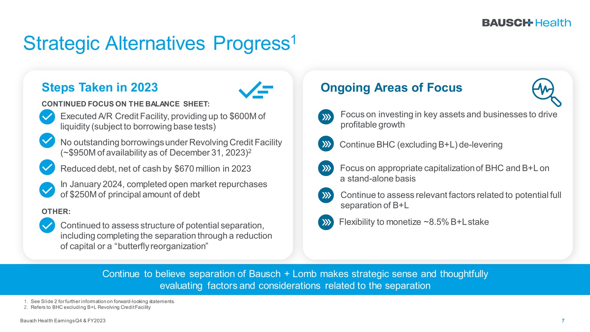 strategic alternatives progress steps taken in ongoing areas of focus progress | Bausch Health Companies