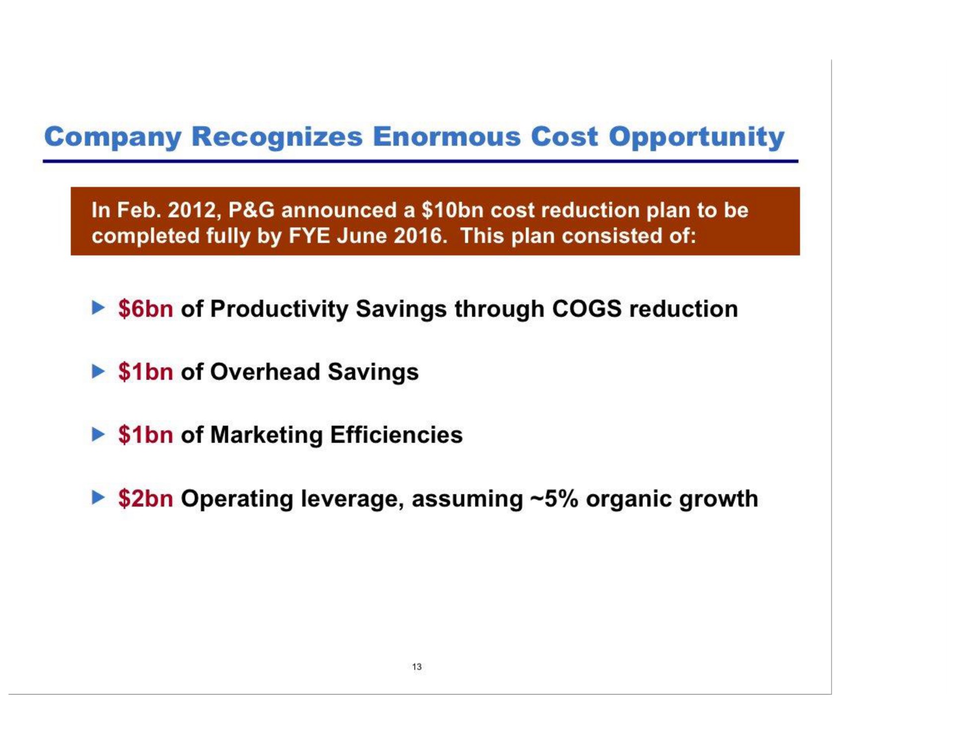 company recognizes enormous cost opportunity of productivity savings through cogs reduction of overhead savings of marketing efficiencies operating leverage assuming organic growth | Pershing Square