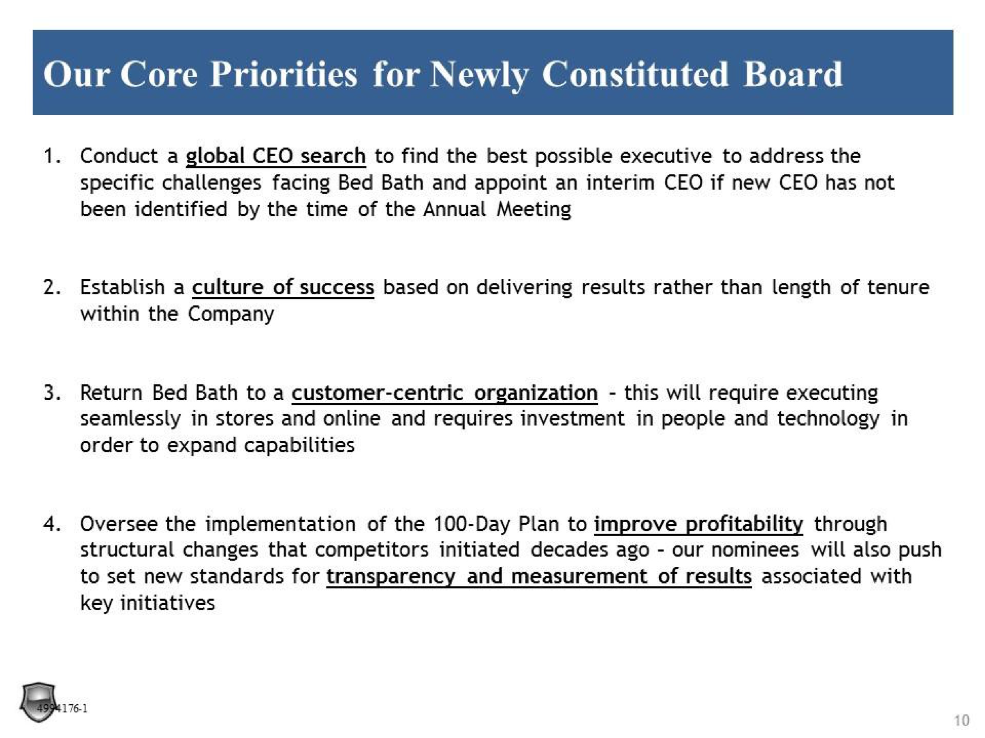 our core priorities for newly constituted board | Legion Partners