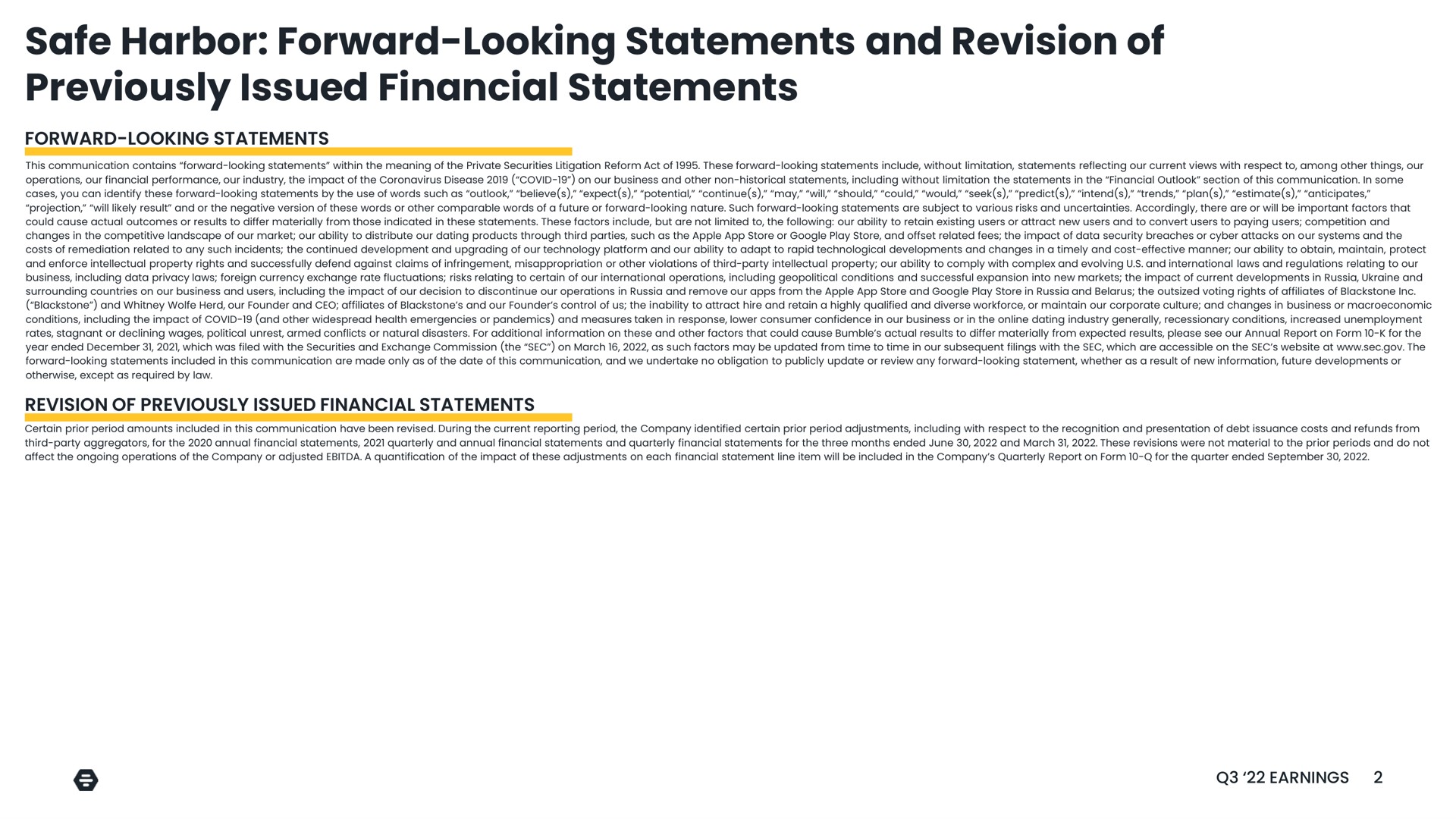 safe harbor forward looking statements and revision of previously issued financial statements | Bumble