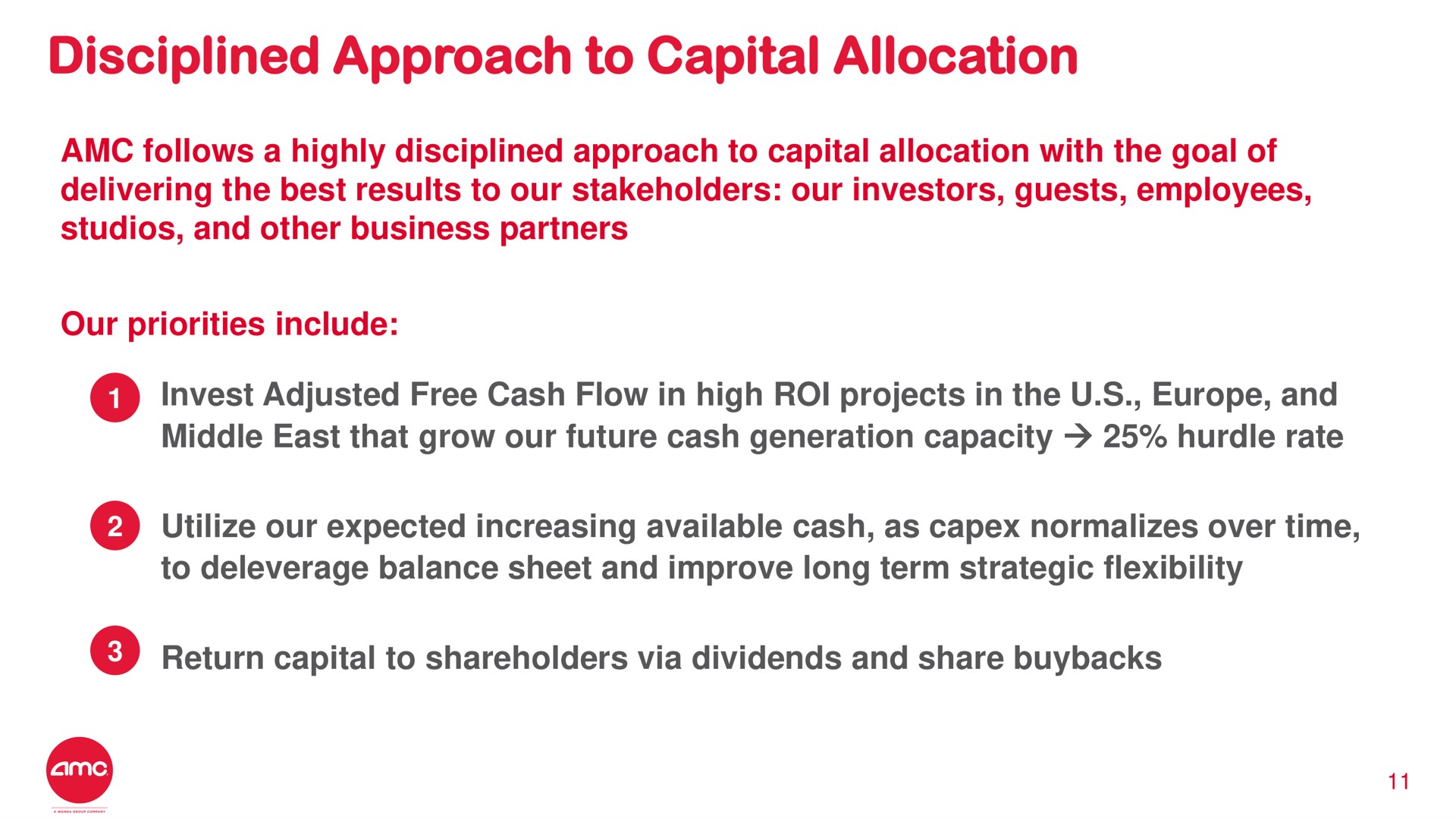 disciplined approach to capital allocation invest adjusted free cash flow in high roi projects in the and | AMC