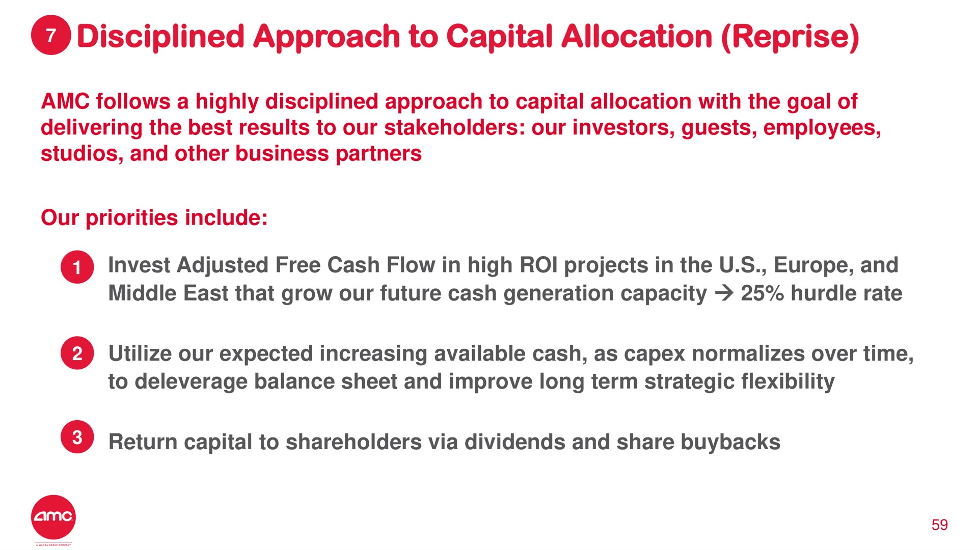 disciplined approach to capital allocation reprise invest adjusted free cash flow in high roi projects in the and | AMC