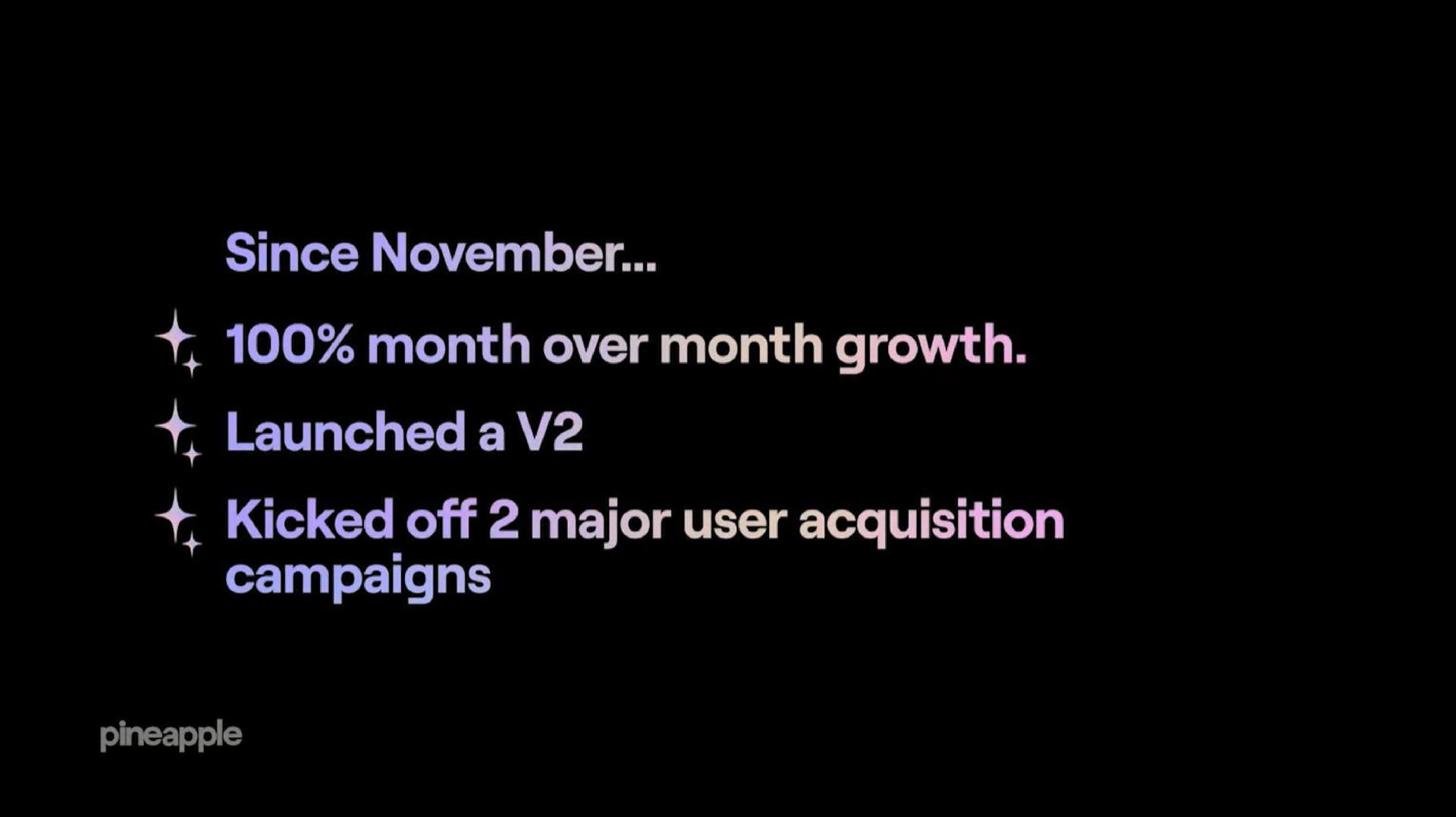 since month over month growth launched a kicked off major user acquisition campaigns pineapple | Pineapple