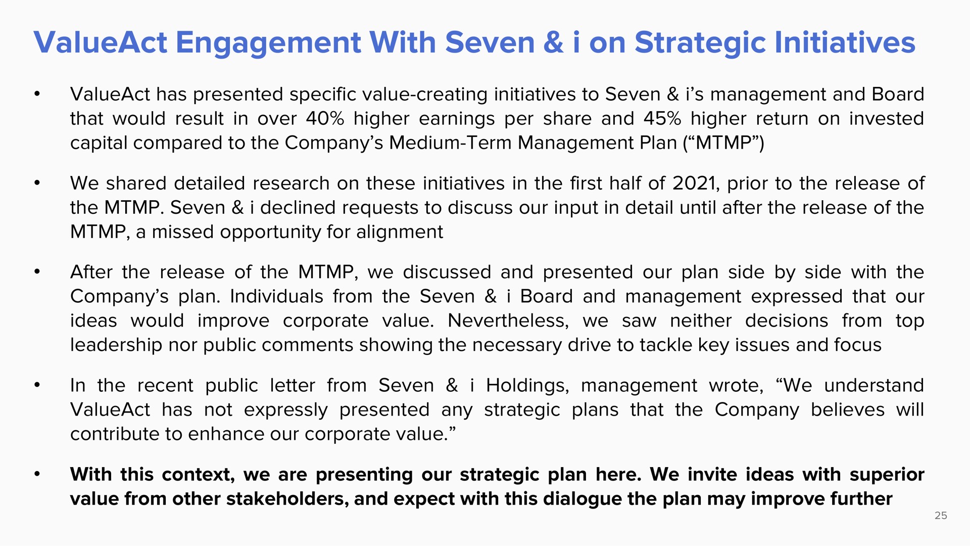 engagement with seven i on strategic initiatives | ValueAct Capital