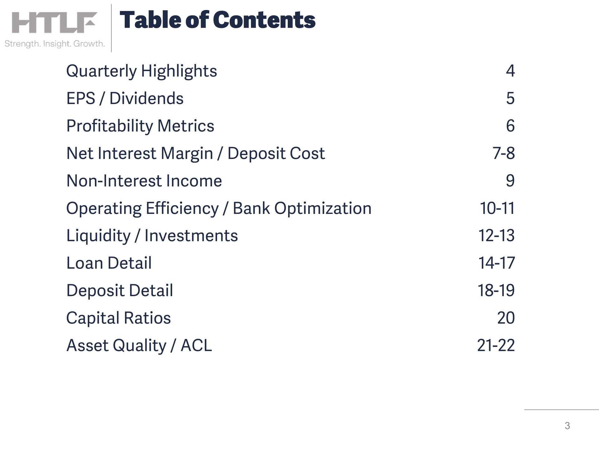 table of contents quarterly highlights dividends profitability metrics net interest margin deposit cost non interest income operating efficiency bank optimization liquidity investments loan detail deposit detail capital ratios asset quality | Heartland Financial USA