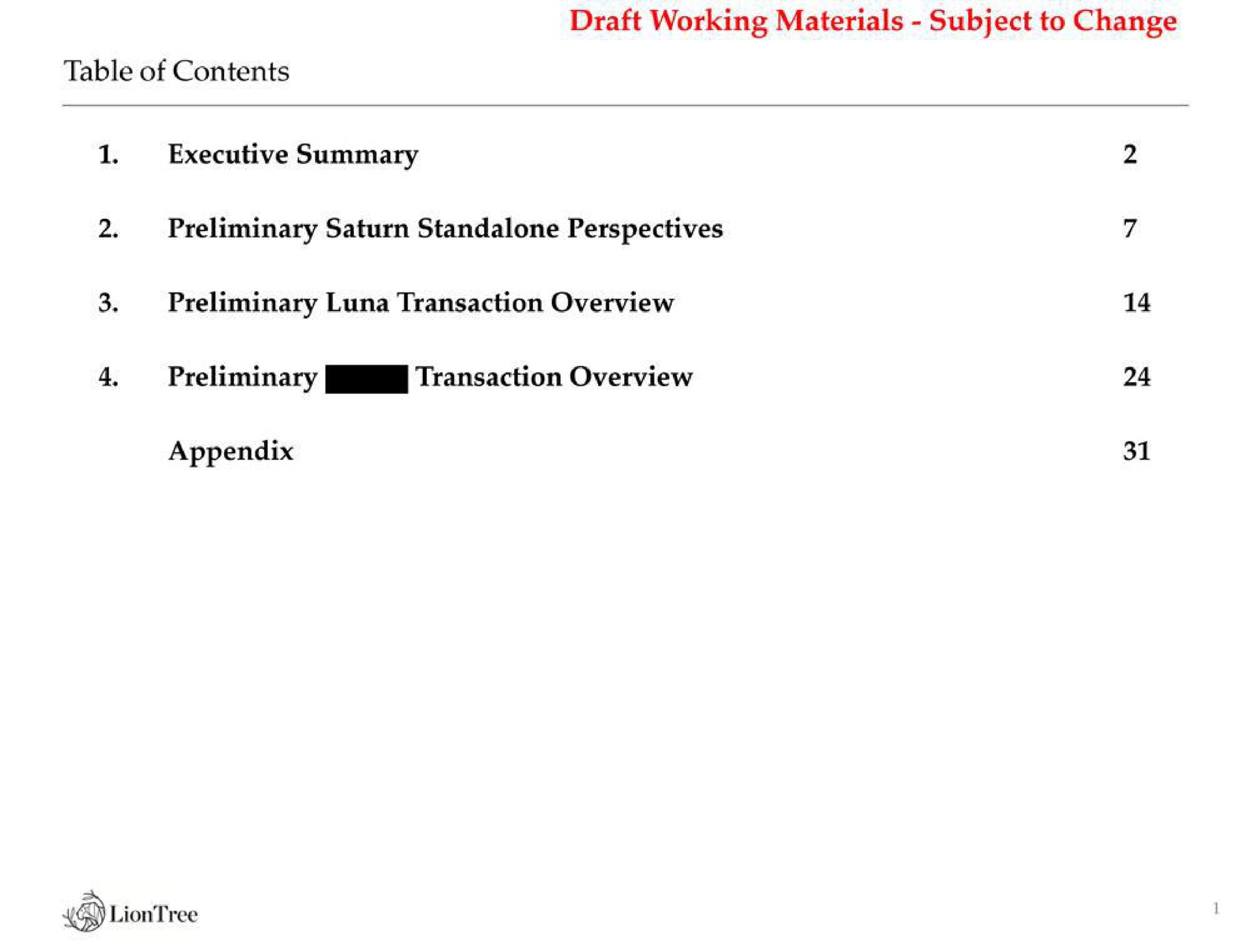 draft working materials subject to change executive summary preliminary perspectives preliminary luna transaction overview preliminary transaction overview appendix | LionTree