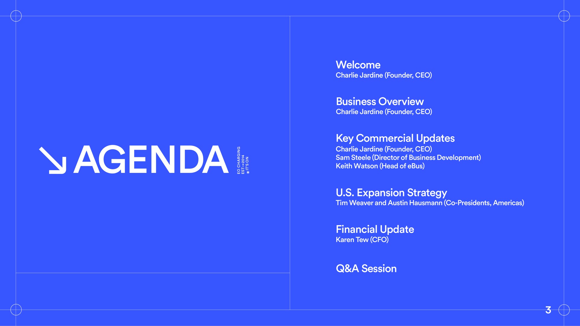 agenda welcome business overview key commercial updates expansion strategy financial update a session | EO Charging
